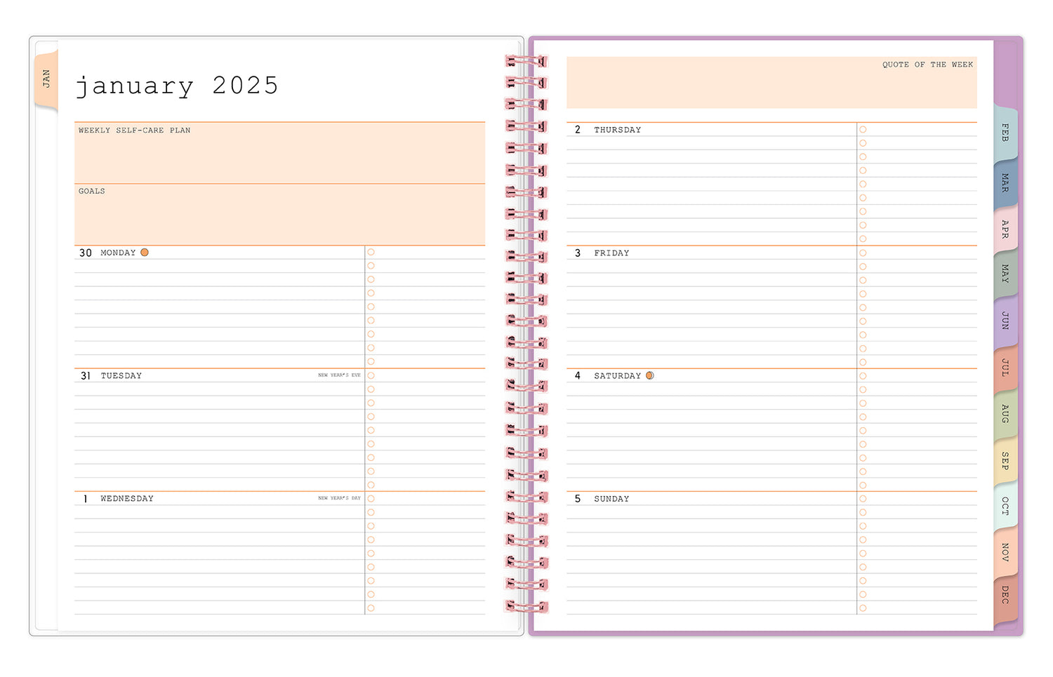 january 2025 - december 2025 planner featuring a weekly spread with lined writing space, bullet points, and colored monthly tabs 7x9