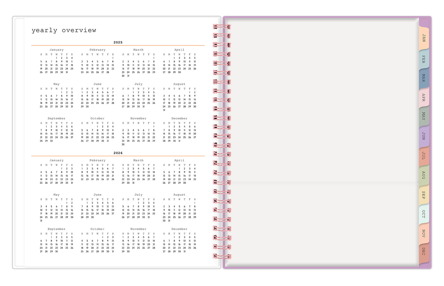 yearly overview of this 2025 7x9 planner featuring months for 2025 and 2026