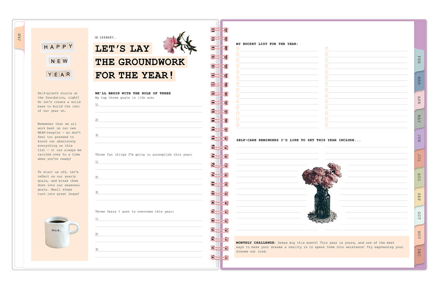 new year new you spread including bucket list notes pages, and self-care