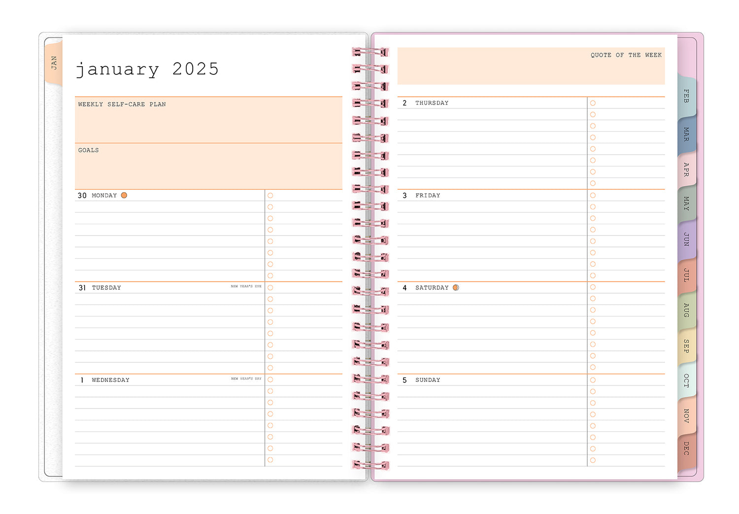 january 2025 - december 2025 planner featuring a weekly spread with lined writing space, bullet points, and colored monthly tabs 5.875x8.625