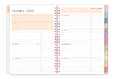 january 2025 - december 2025 planner featuring a weekly spread with lined writing space, bullet points, and colored monthly tabs 5.875x8.625