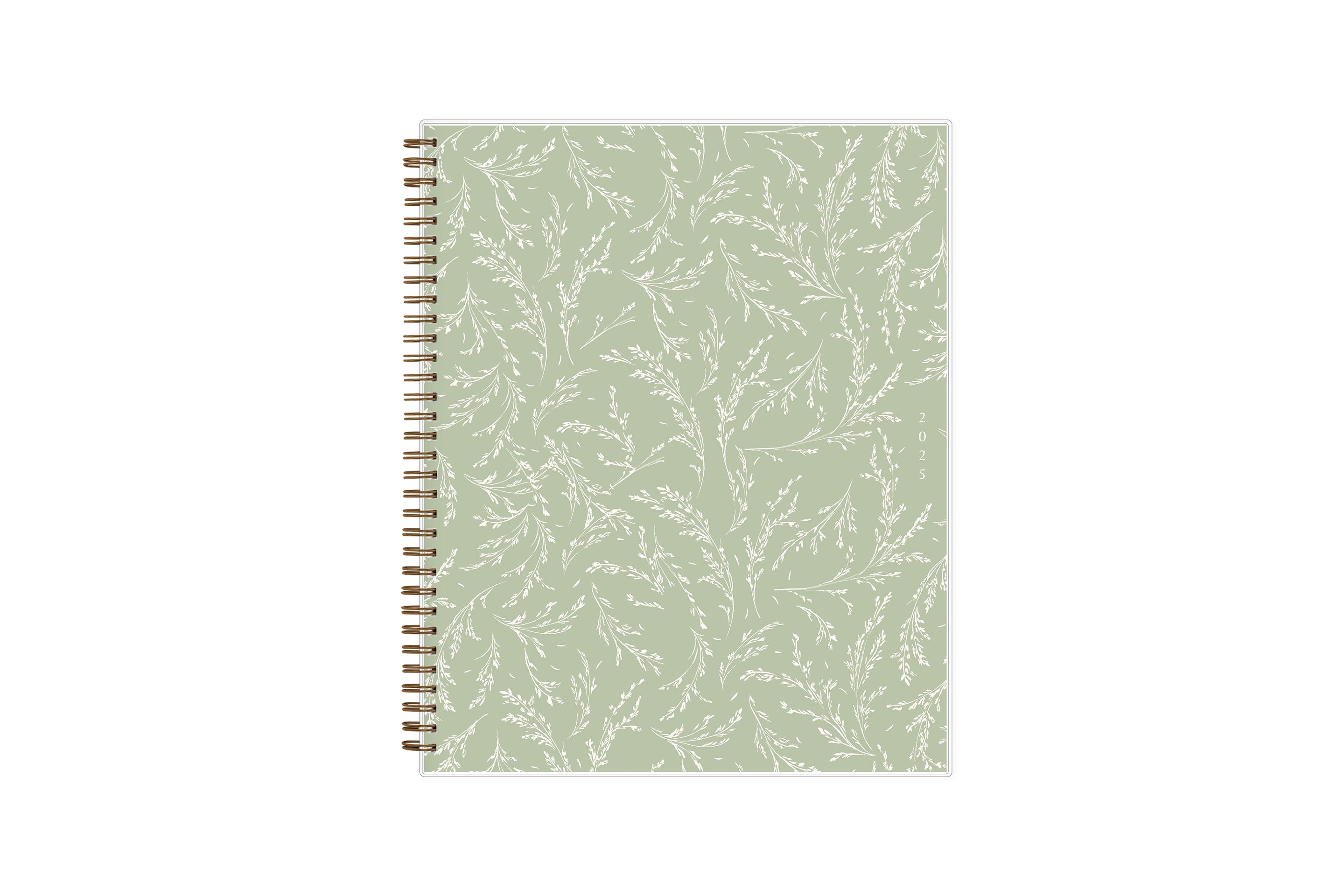 white wisteria floral and light olive green background on this 2025 planner in 8.5x11 size