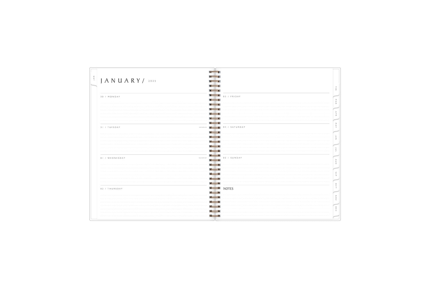 2025 planner featuring a weekly spread with lined writing space, space for bullet points, and monthly white tabs with black text.
