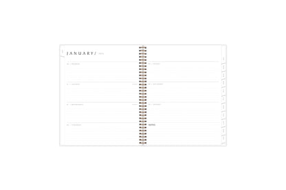 2025 planner featuring a weekly spread with lined writing space, space for bullet points, and monthly white tabs with black text.
