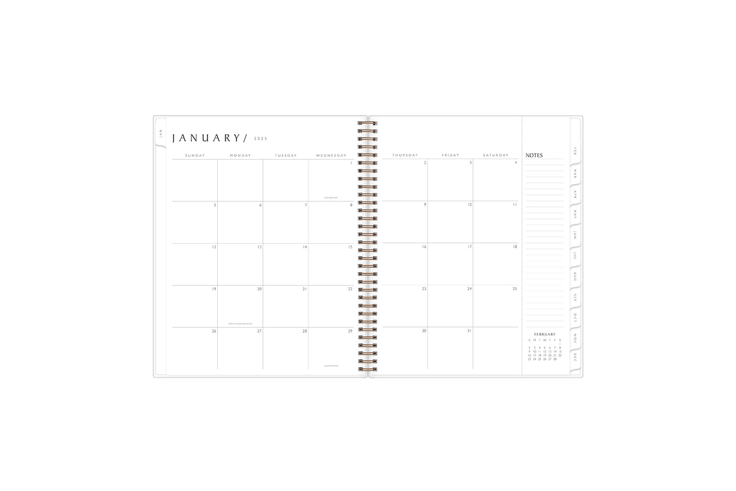 2025 planner featuring a monthly spread with lined writing space, and space for bullet points, and monthly white tabs with black text.
