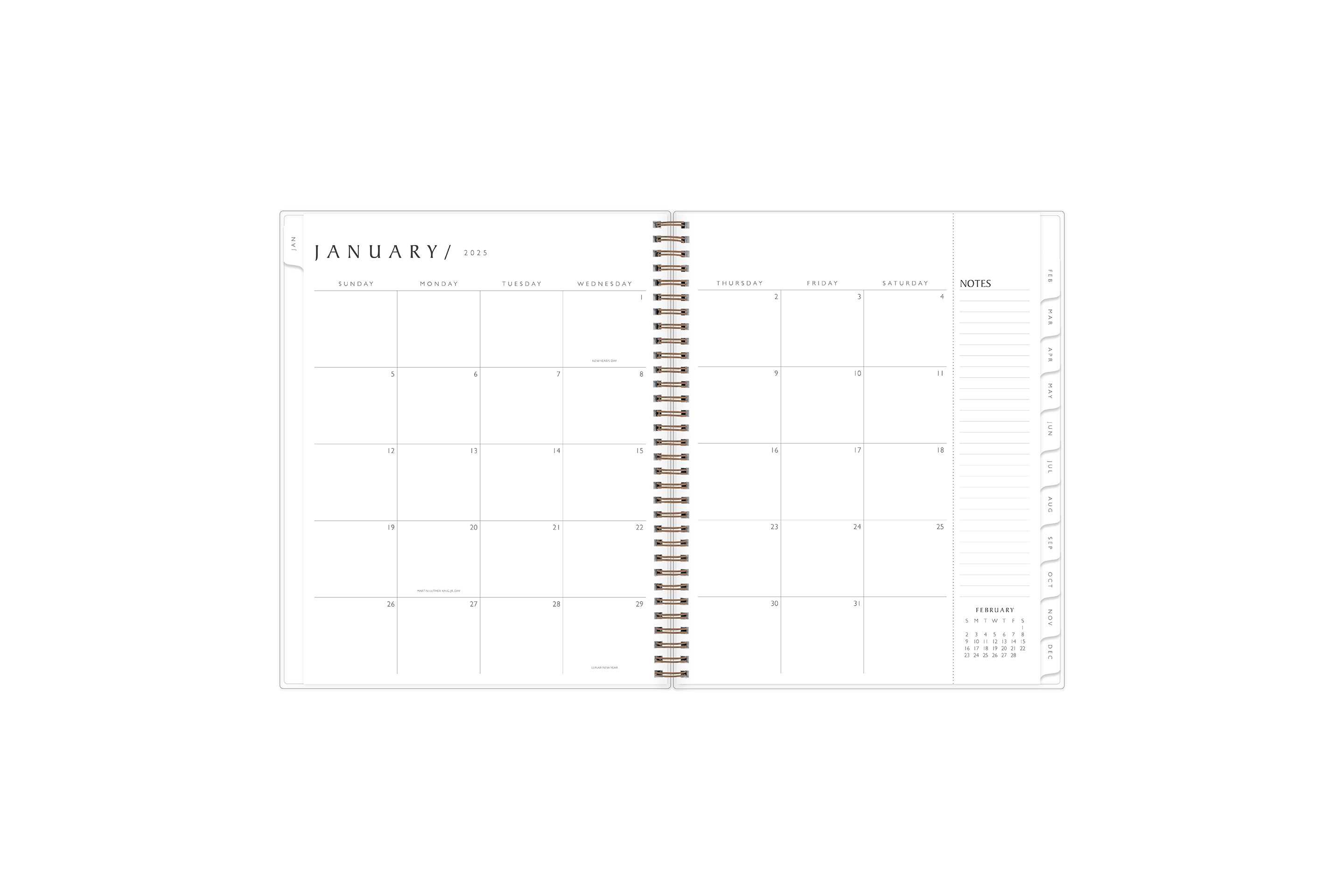 2025 planner featuring a monthly spread with lined writing space, and space for bullet points, and monthly white tabs with black text.
