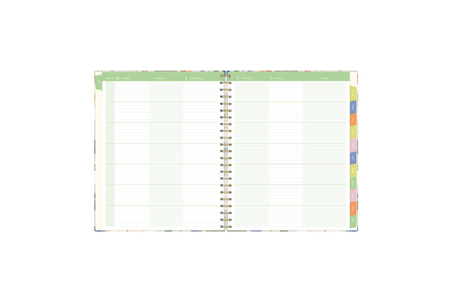 ample lined writing space and teacher lesson planner layout for each class or period, multi colored pattern for each day, and mint green monthly tabs for this  weekly monthly lesson planner.
