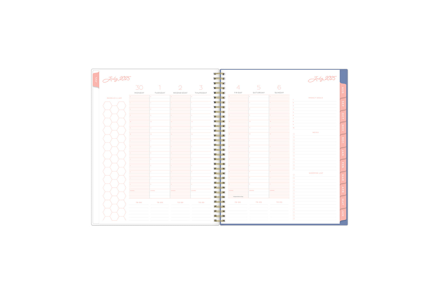 july 2025 - june 2026 weekly spread featuring vertical planning for each day, lined writing space, notes section, goals, and to-dos