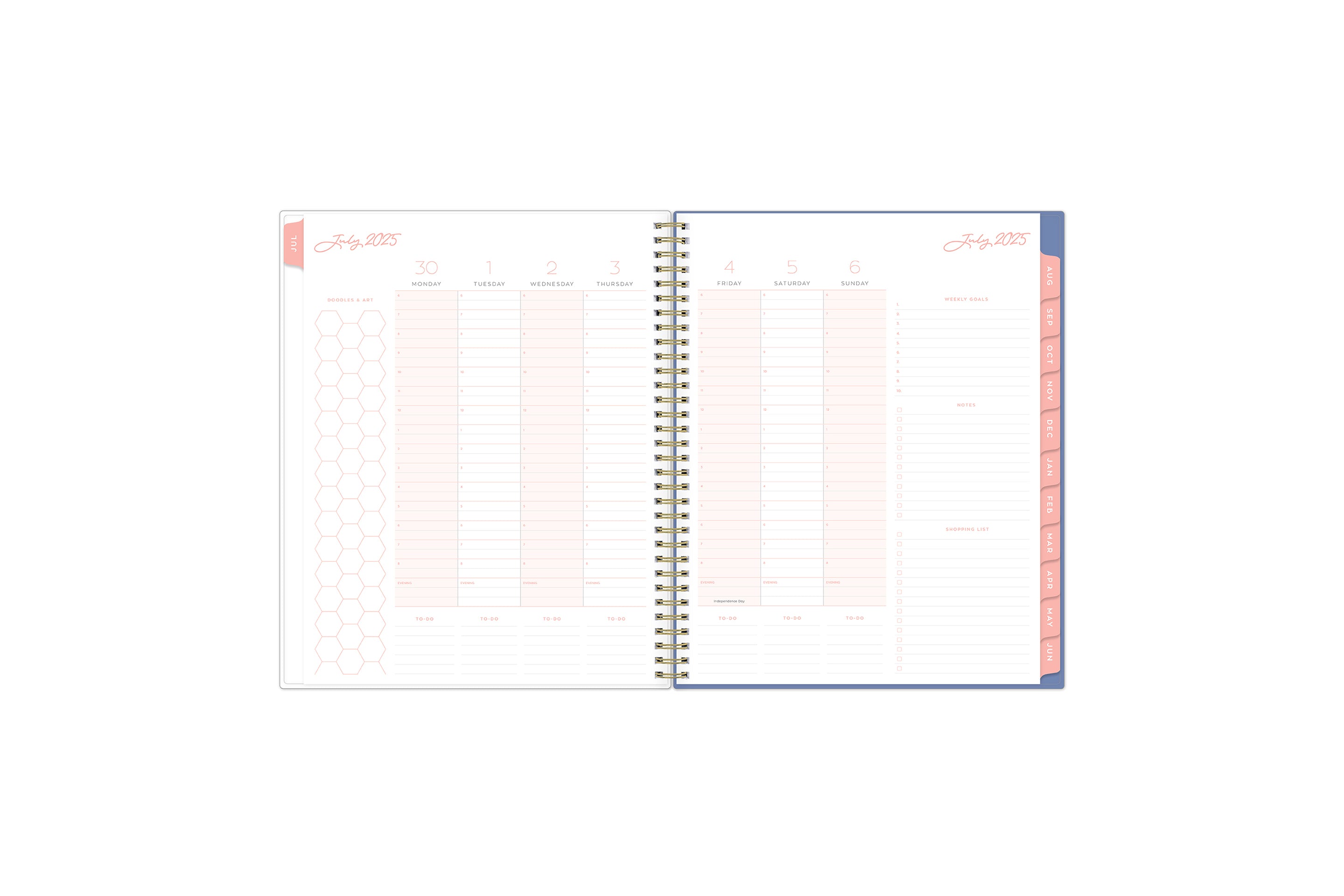 july 2025 - june 2026 weekly spread featuring vertical planning for each day, lined writing space, notes section, goals, and to-dos