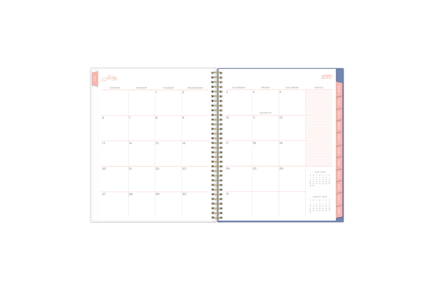 july 2025 - june 2026 monthly spread featuring vertical planning for each day, lined writing space, notes section, and reference calendars