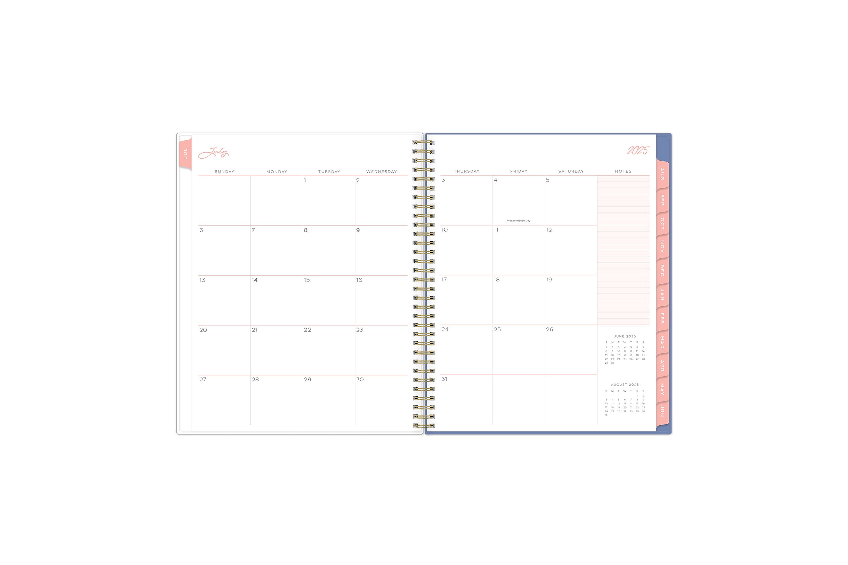 july 2025 - june 2026 monthly spread featuring vertical planning for each day, lined writing space, notes section, and reference calendars