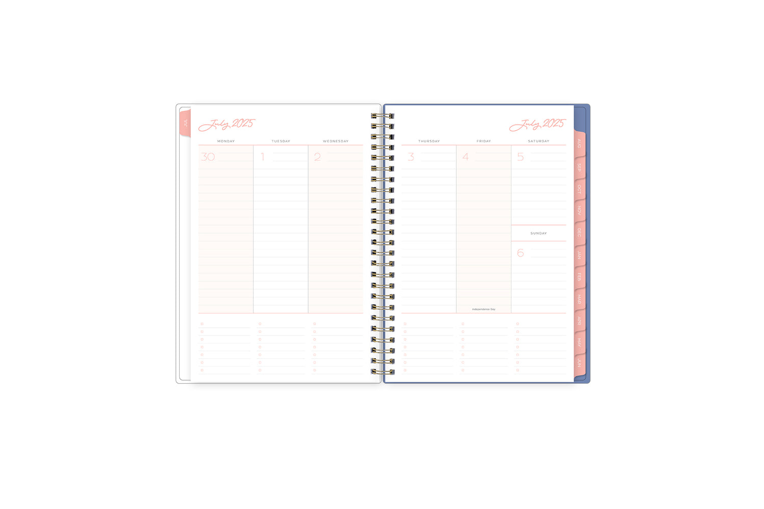 july 2025 - june 2026 weekly spread featuring vertical planning for each day, lined writing space, notes section, goals, and to-dos