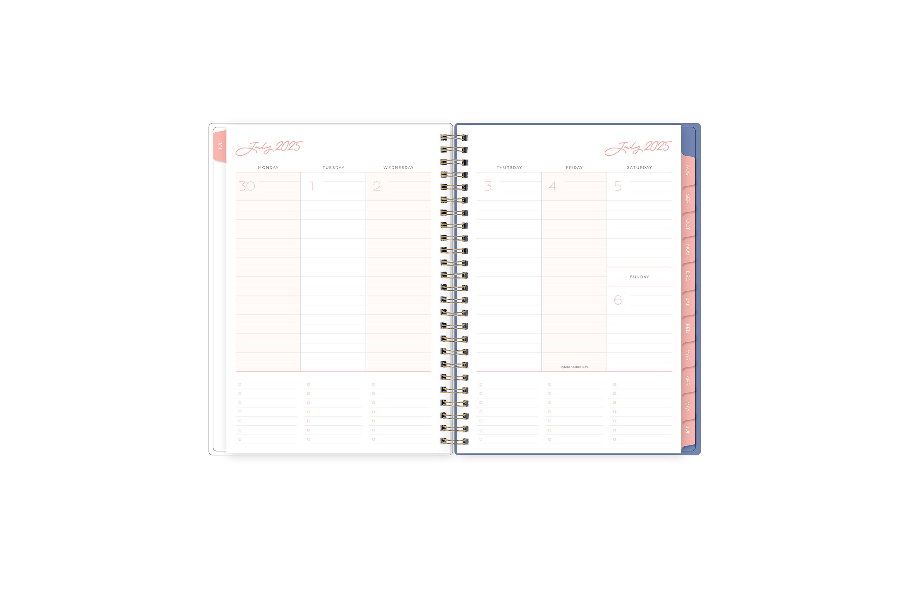 july 2025 - june 2026 weekly spread featuring vertical planning for each day, lined writing space, notes section, goals, and to-dos