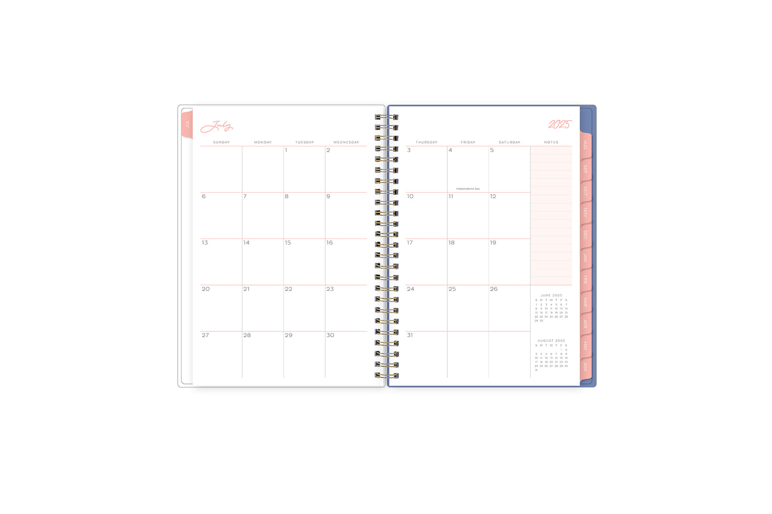 july 2025 - june 2026 monthly spread featuring vertical planning for each day, lined writing space, notes section, and reference calendars