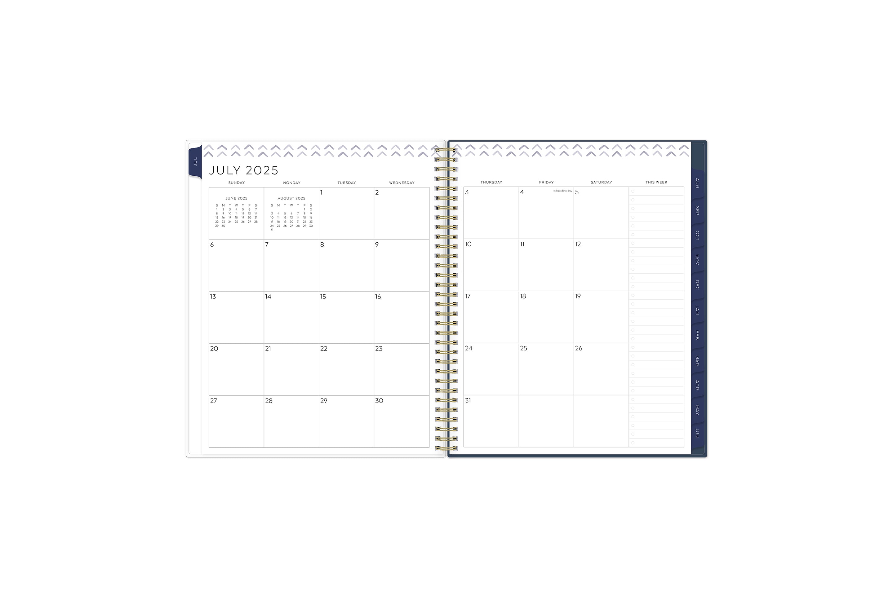 2025-2026 academic planner in 8.5x11 size featuring a monthly spread with box for each day, clean writing space, and lined notes section