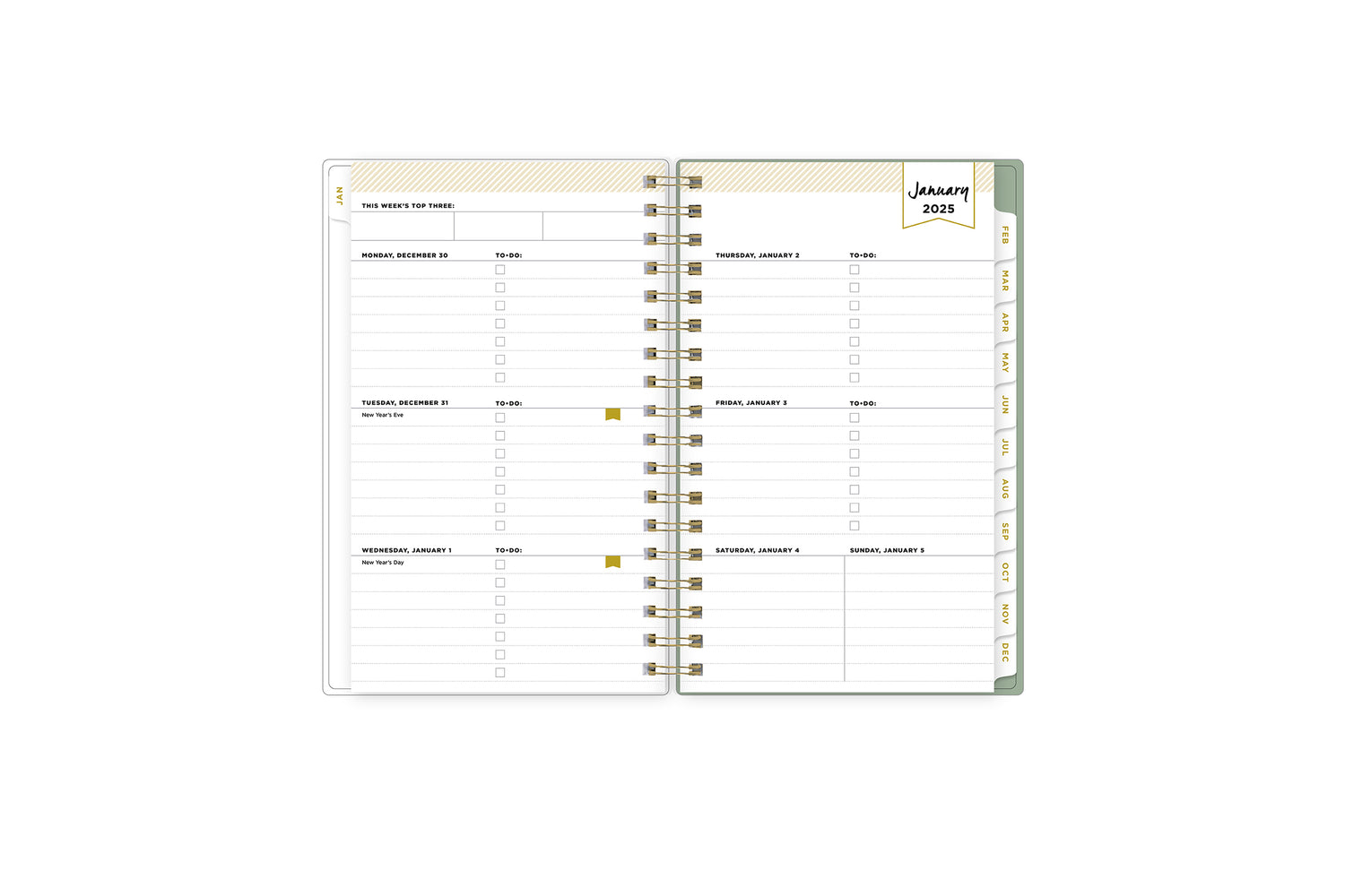 2025 planner featuring a weekly spread with lined writing space, bullet points, and monthly white tabs with gold text.
