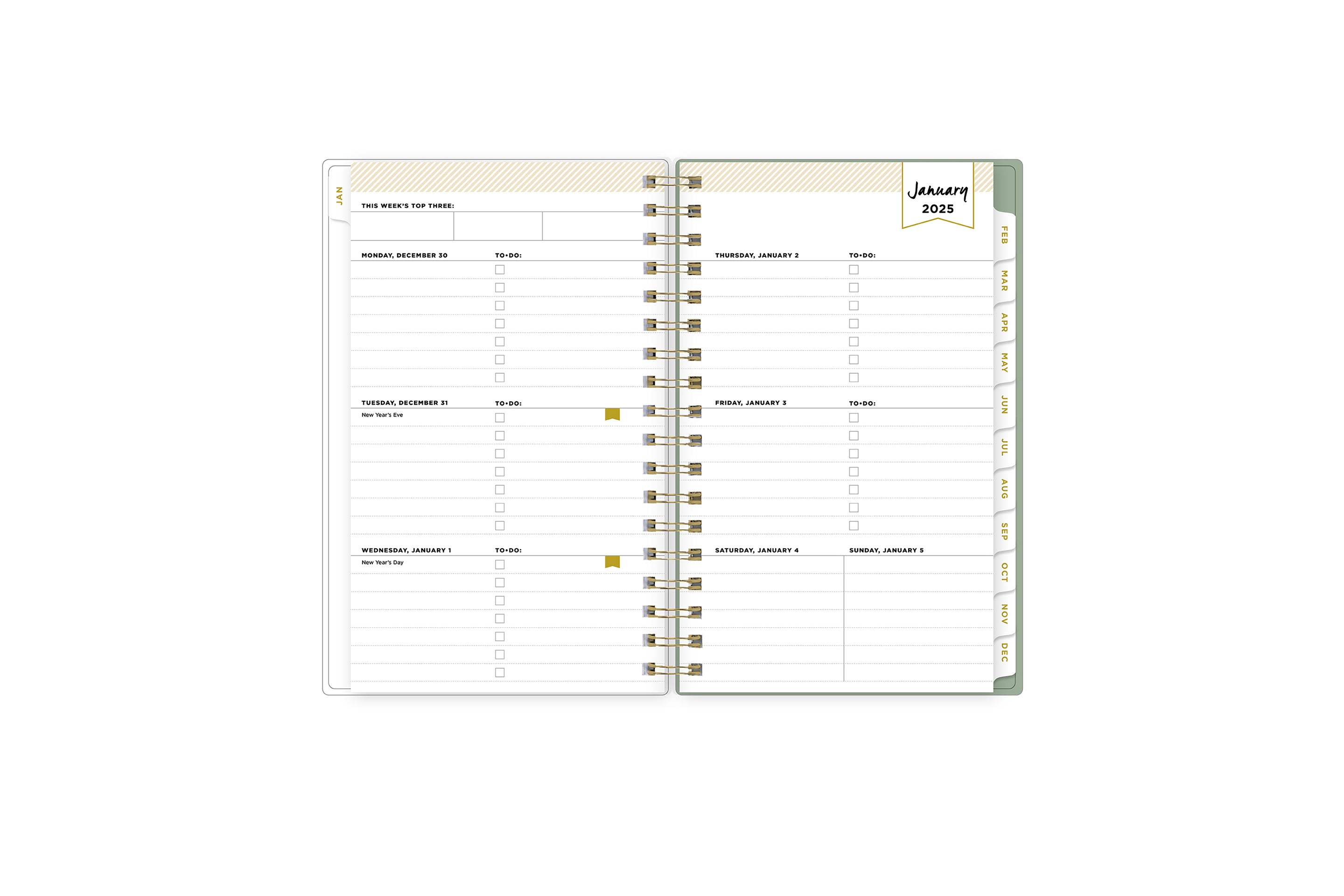 2025 planner featuring a weekly spread with lined writing space, bullet points, and monthly white tabs with gold text.
