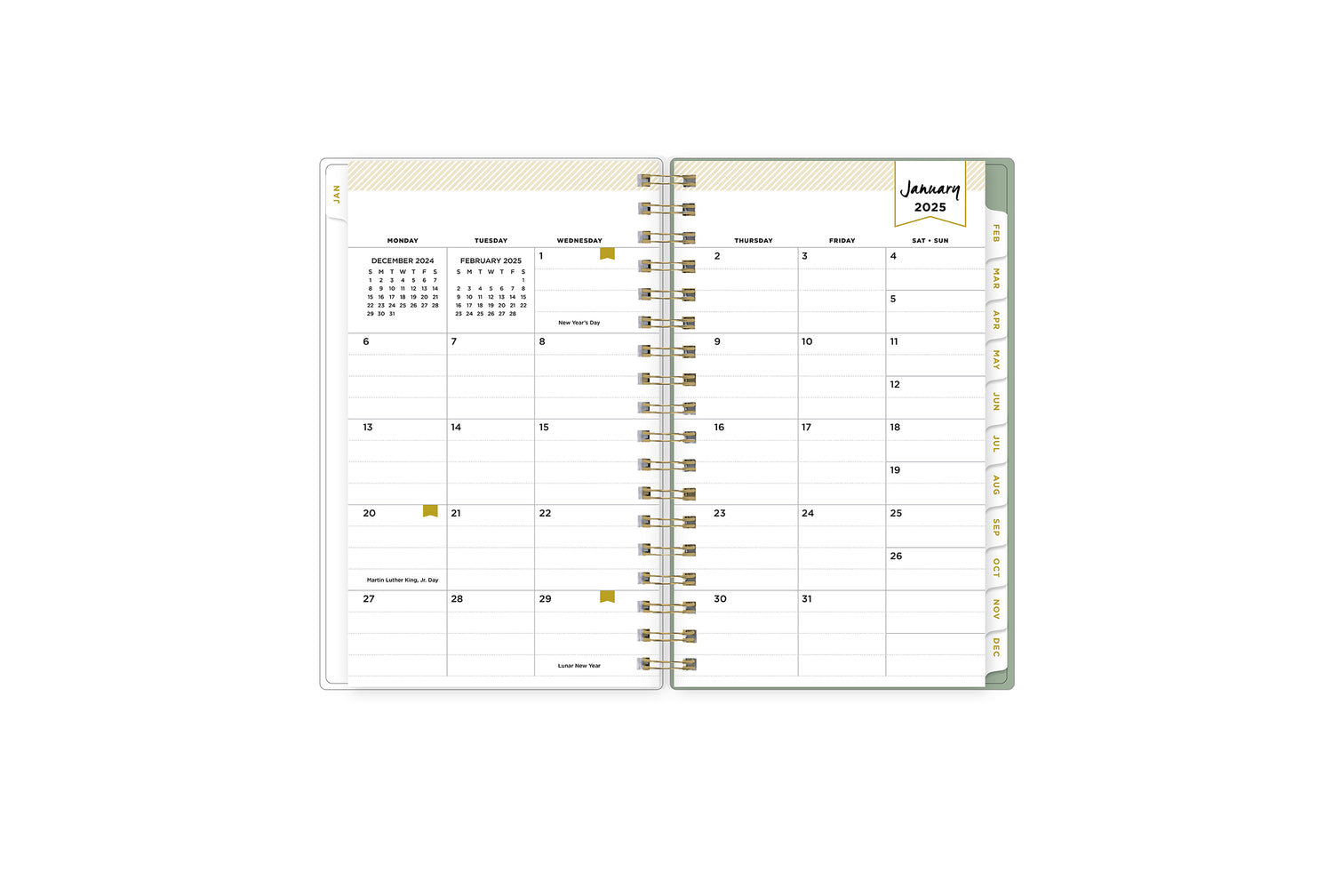 2025 planner featuring a monthly spread with lined writing space, bullet points, and monthly white tabs with gold text.
