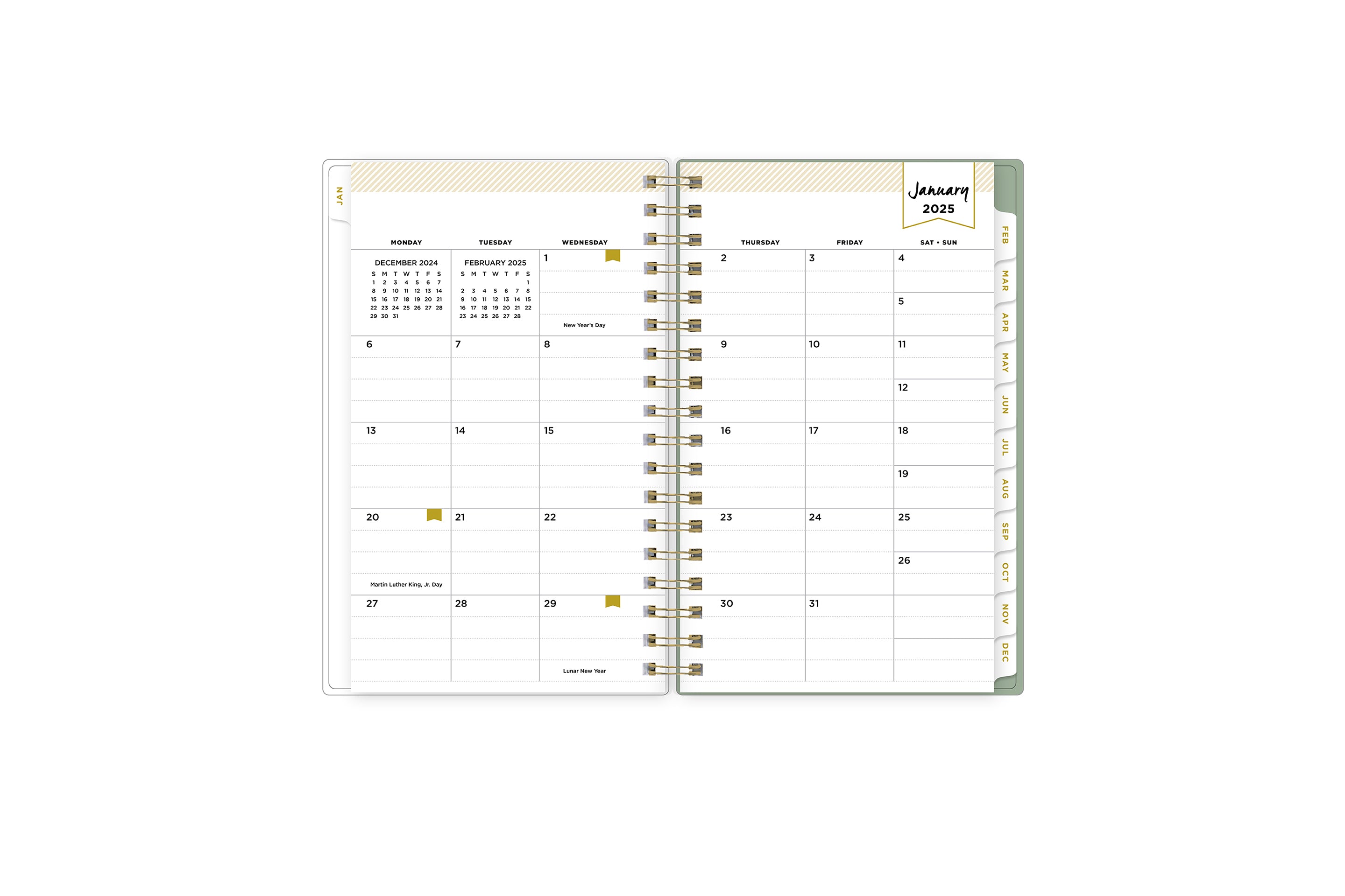 2025 planner featuring a monthly spread with lined writing space, bullet points, and monthly white tabs with gold text.
