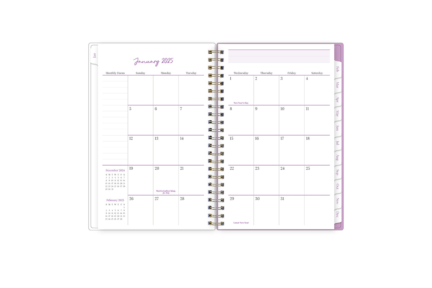 2025 planner featuring a monthly spread with blank writing space, bullet points, and monthly white tabs with purple text.
