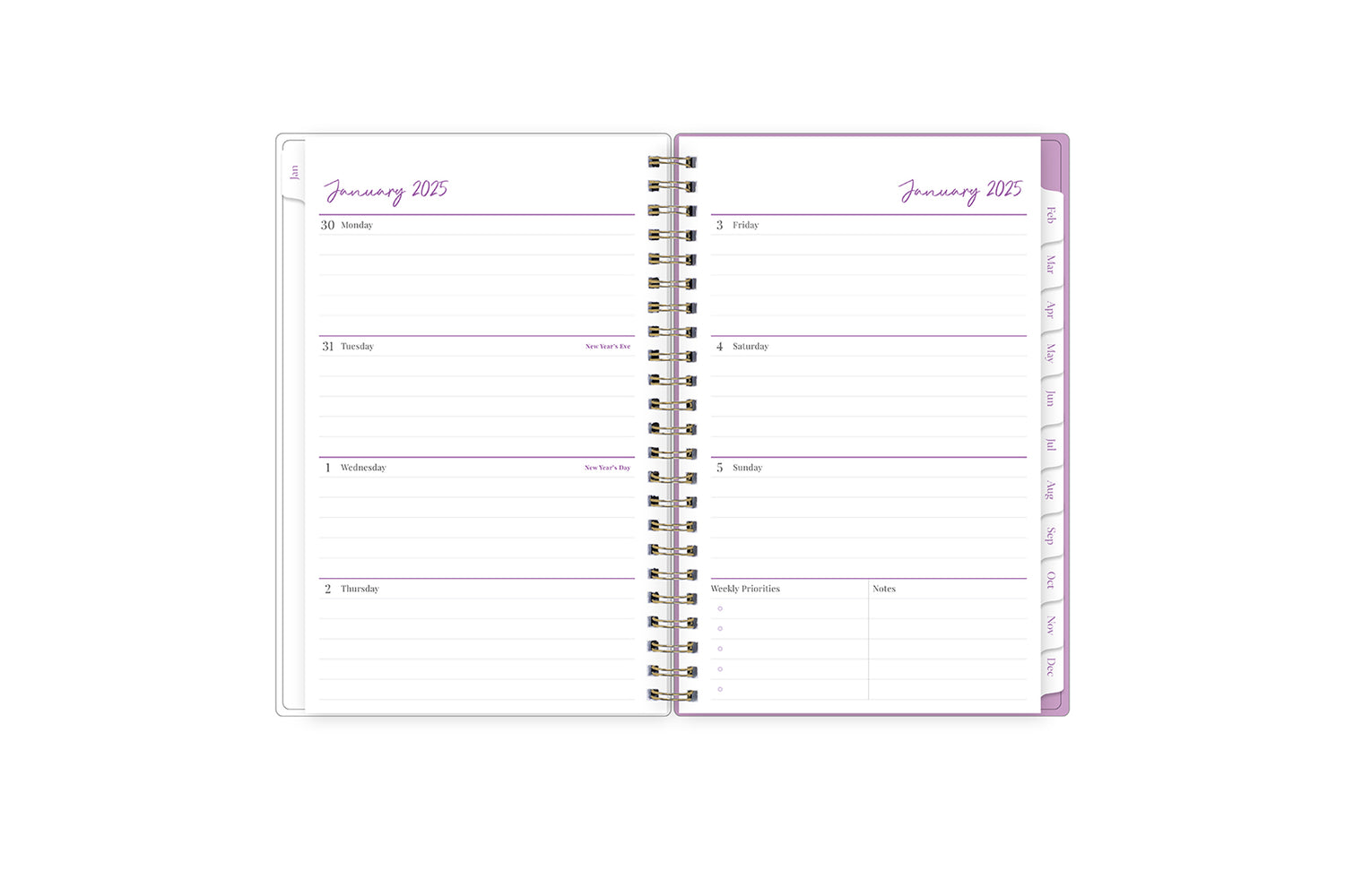 2025 planner featuring a weekly spread with lined writing space, bullet points, and monthly white tabs with purple text.
