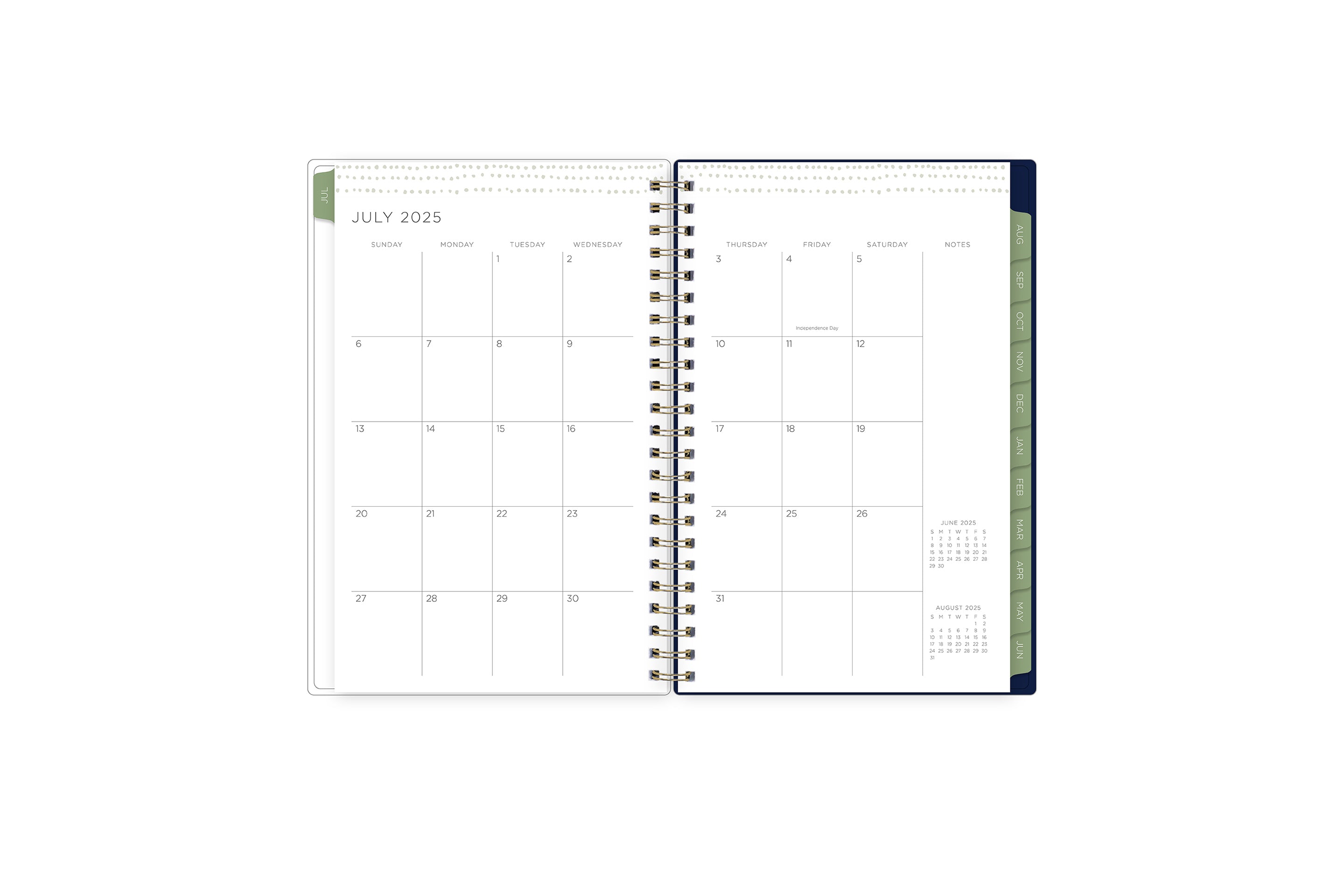 the kelly ventura 2025-2026 weekly monthly planner features a monthly overview featuring, clean blank writing space, notes section, reference calendars, and teal monthly tabs, perfect for planning year in year out.