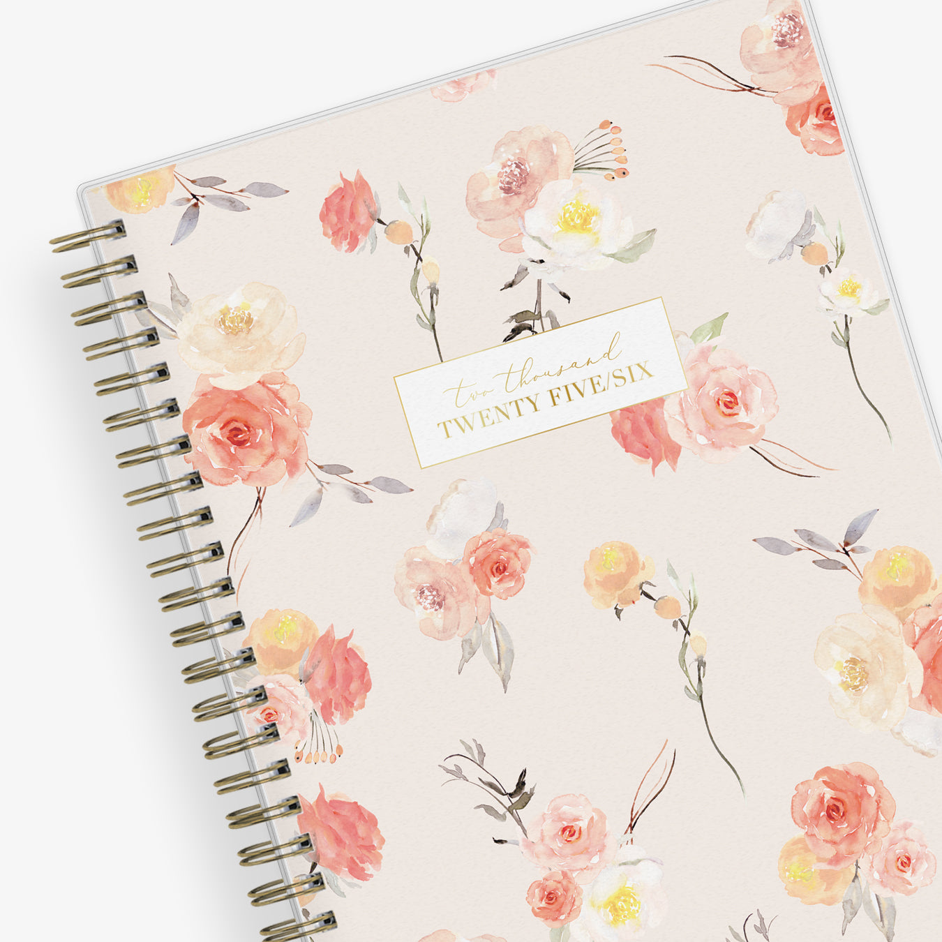 planner notes soft background and pink roses front cover gold twin wire o binding in 5.875x8.625 planner size for 2025-2026 academic year