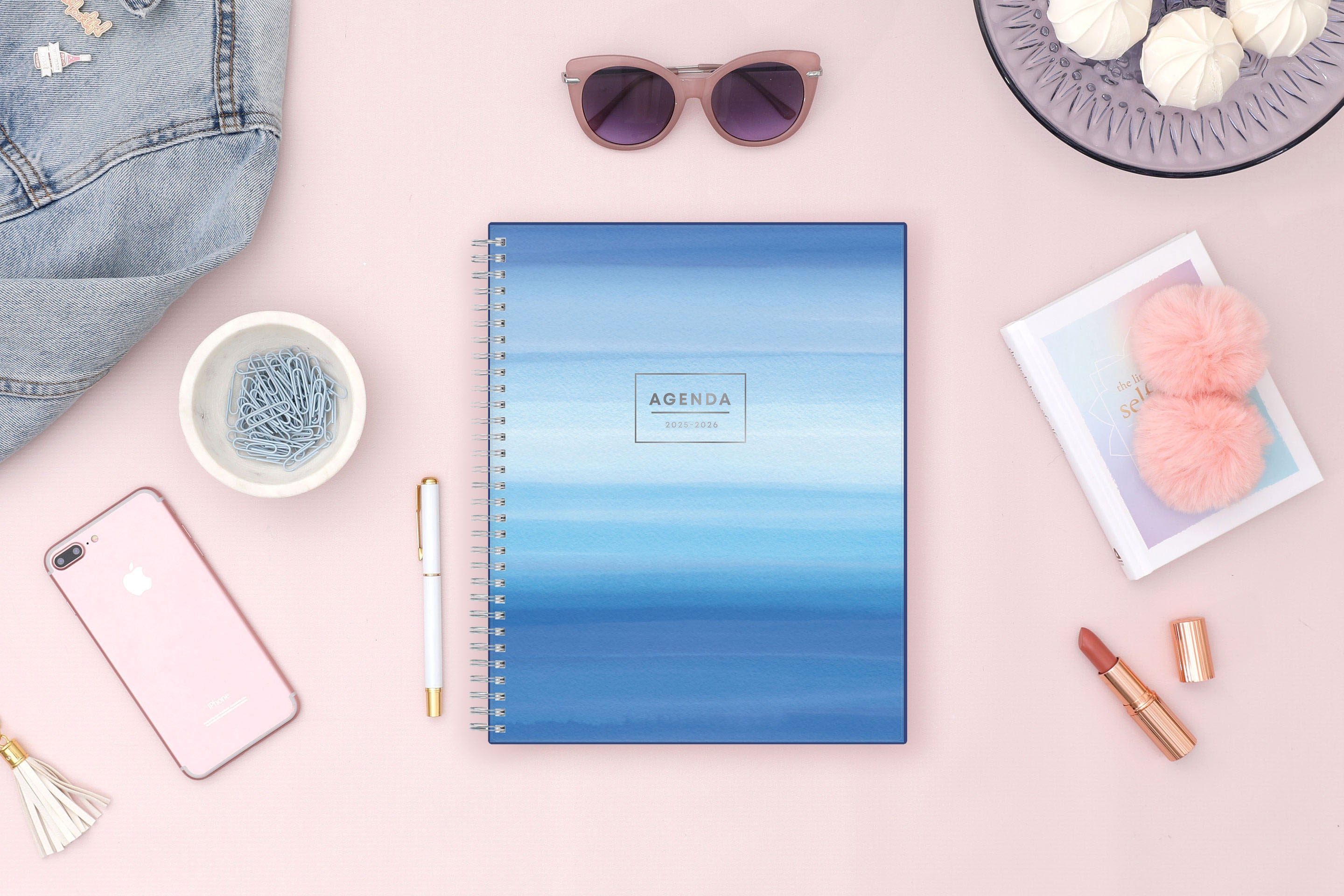 monthly planner featuring an ombre blue cover in 8.5x11 size and silver twin-wire binding 2025-2026 academic calendar