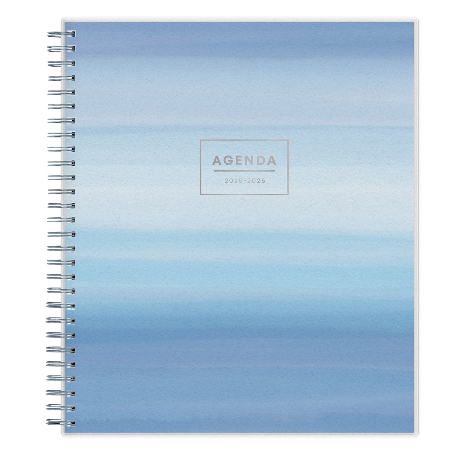 monthly planner featuring an ombre blue cover in 8.5x11 size and silver twin-wire binding 2025-2026 academic calendar