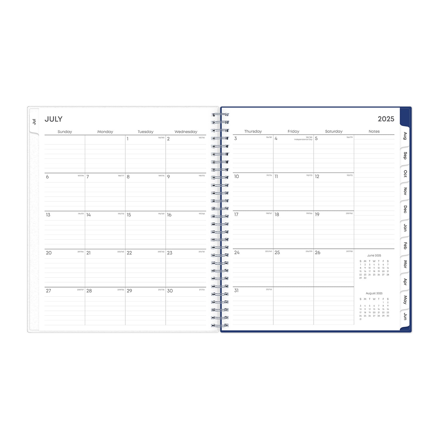 monthly planner features a monthly spread with ample lined writing space, notes section, reference calendars and light blue monthly tabs in 8x10 planner