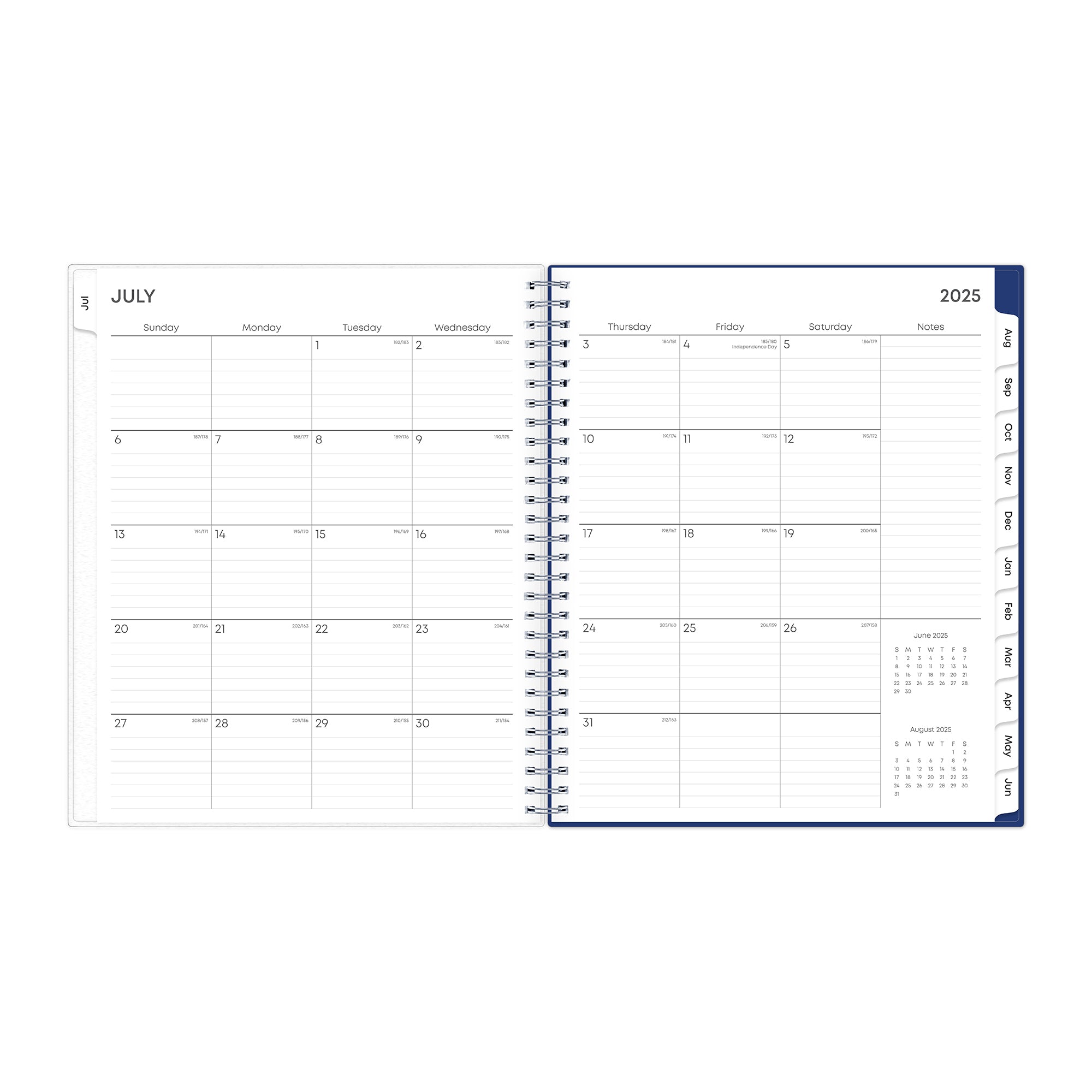 monthly planner features a monthly spread with ample lined writing space, notes section, reference calendars and light blue monthly tabs in 8x10 planner