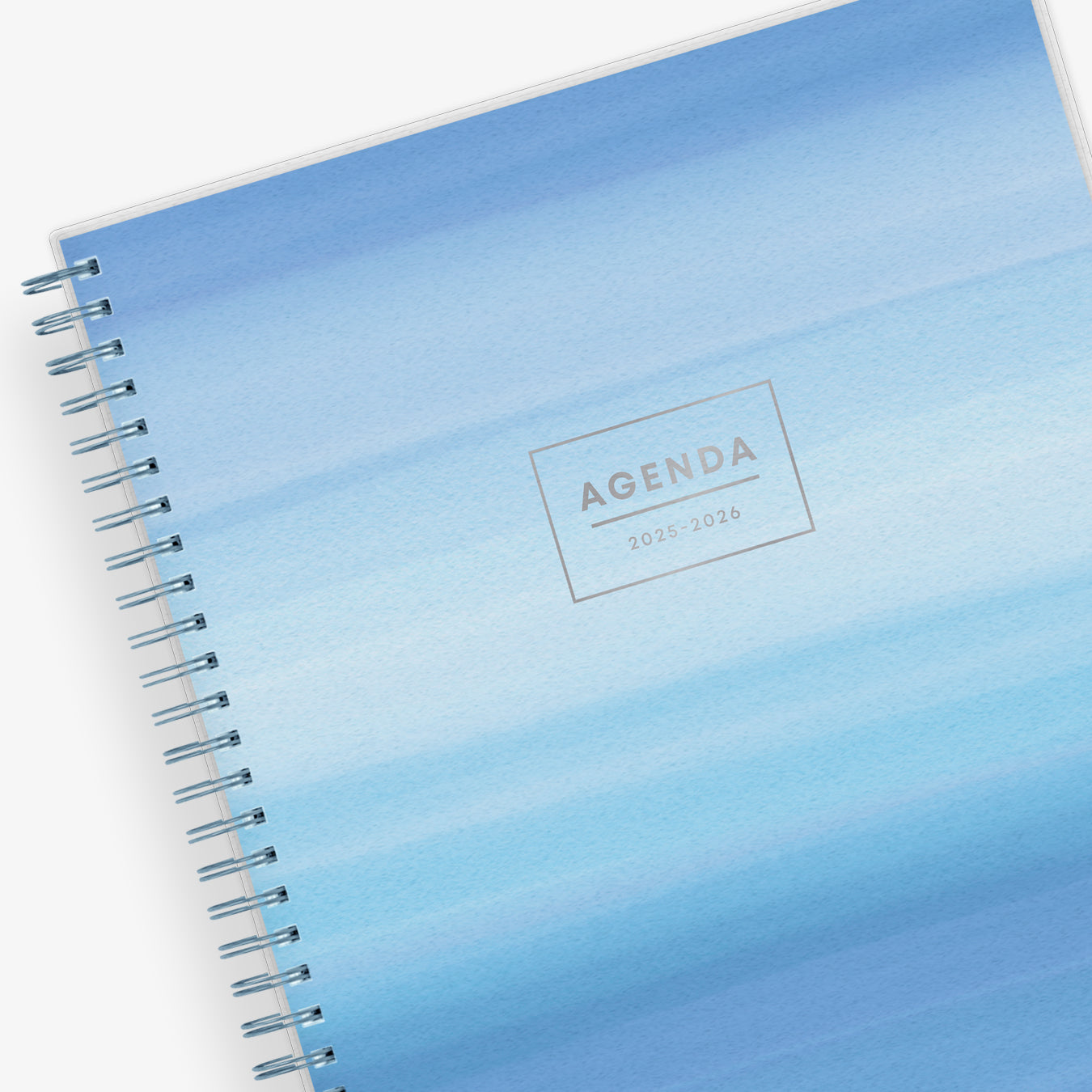 monthly planner featuring an ombre blue cover in 8.5x11 size and silver twin-wire binding 2025-2026 academic calendar