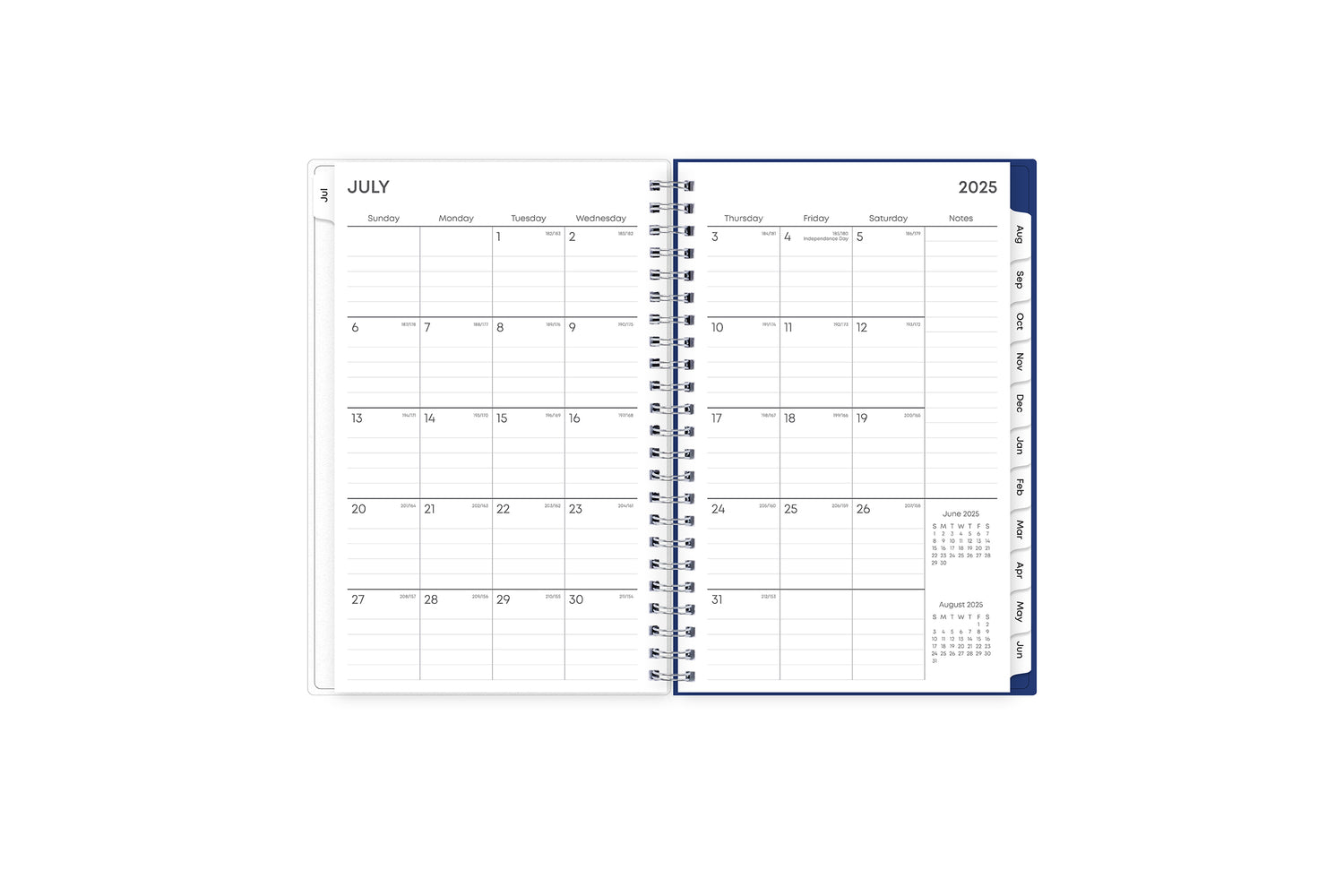  weekly and monthly academic planner featuring a monthly spread with lined writing space, a notes section, reference calendars, and pink monthly tabs in 5x8 size