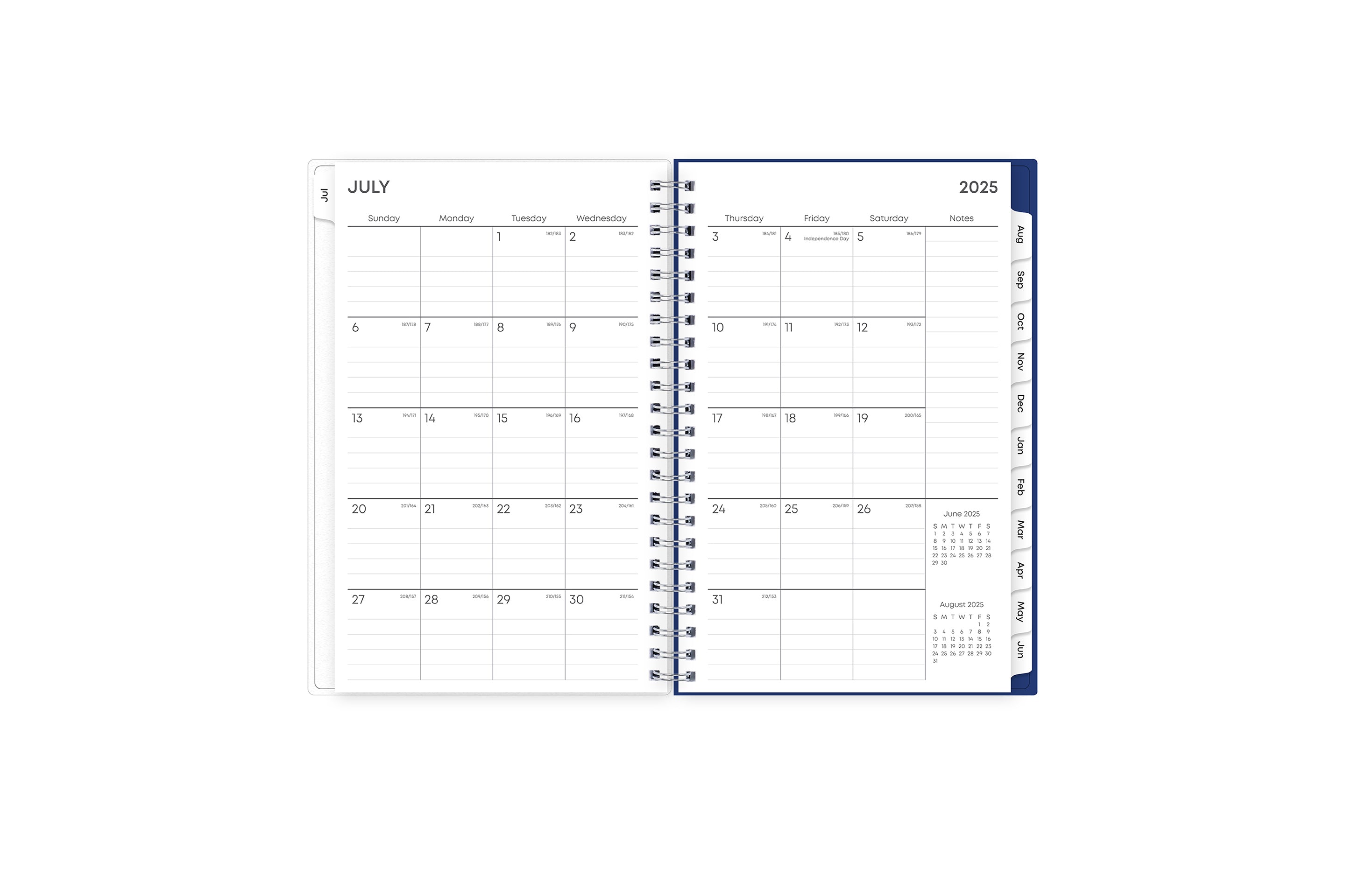  weekly and monthly academic planner featuring a monthly spread with lined writing space, a notes section, reference calendars, and pink monthly tabs in 5x8 size