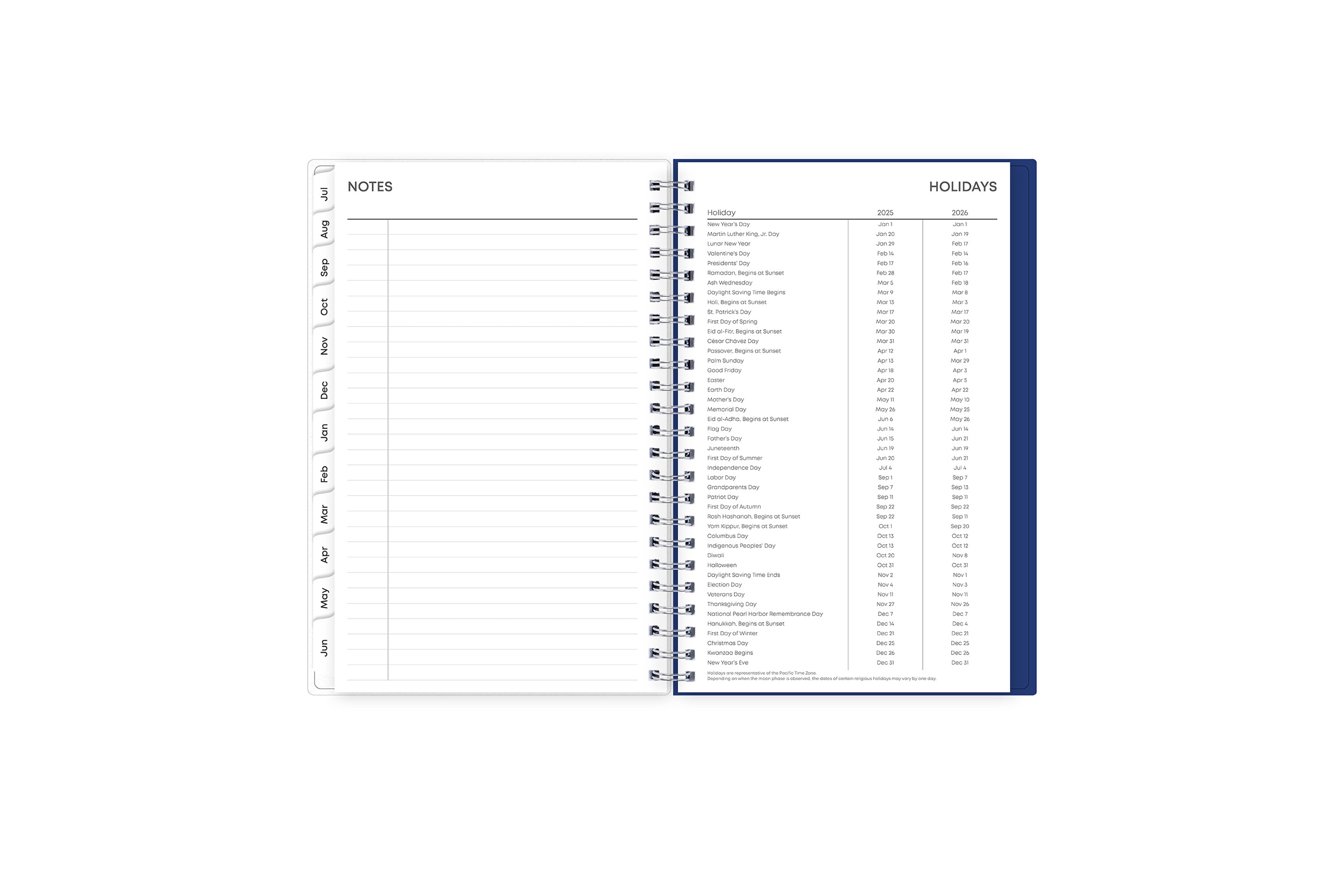 lined notes pages on left and holidays on right sheet.