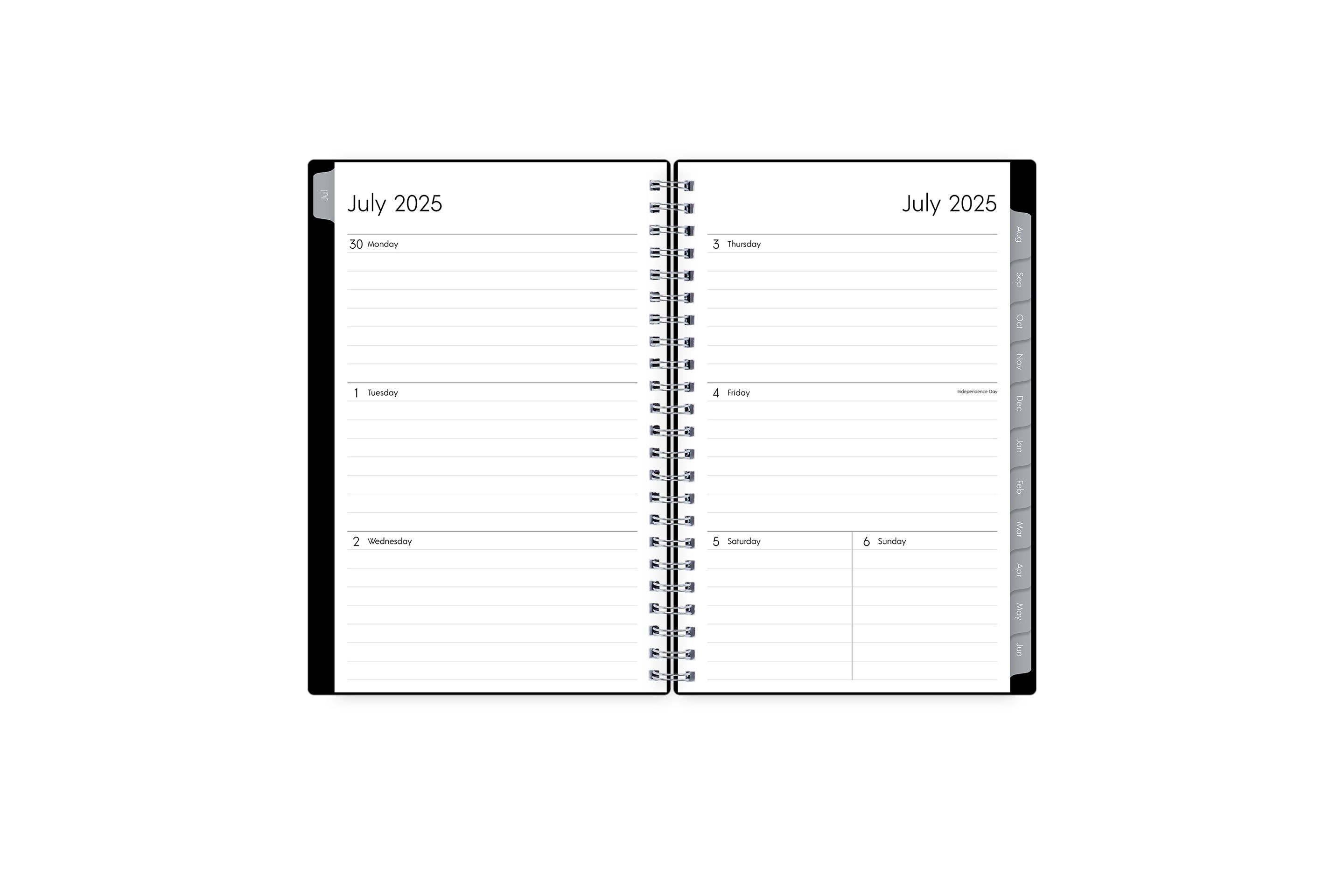 july 2025 - june 2026 weekly monthly professional planner featuring a weekly spread with ample lined writing space and gray monthly tabs