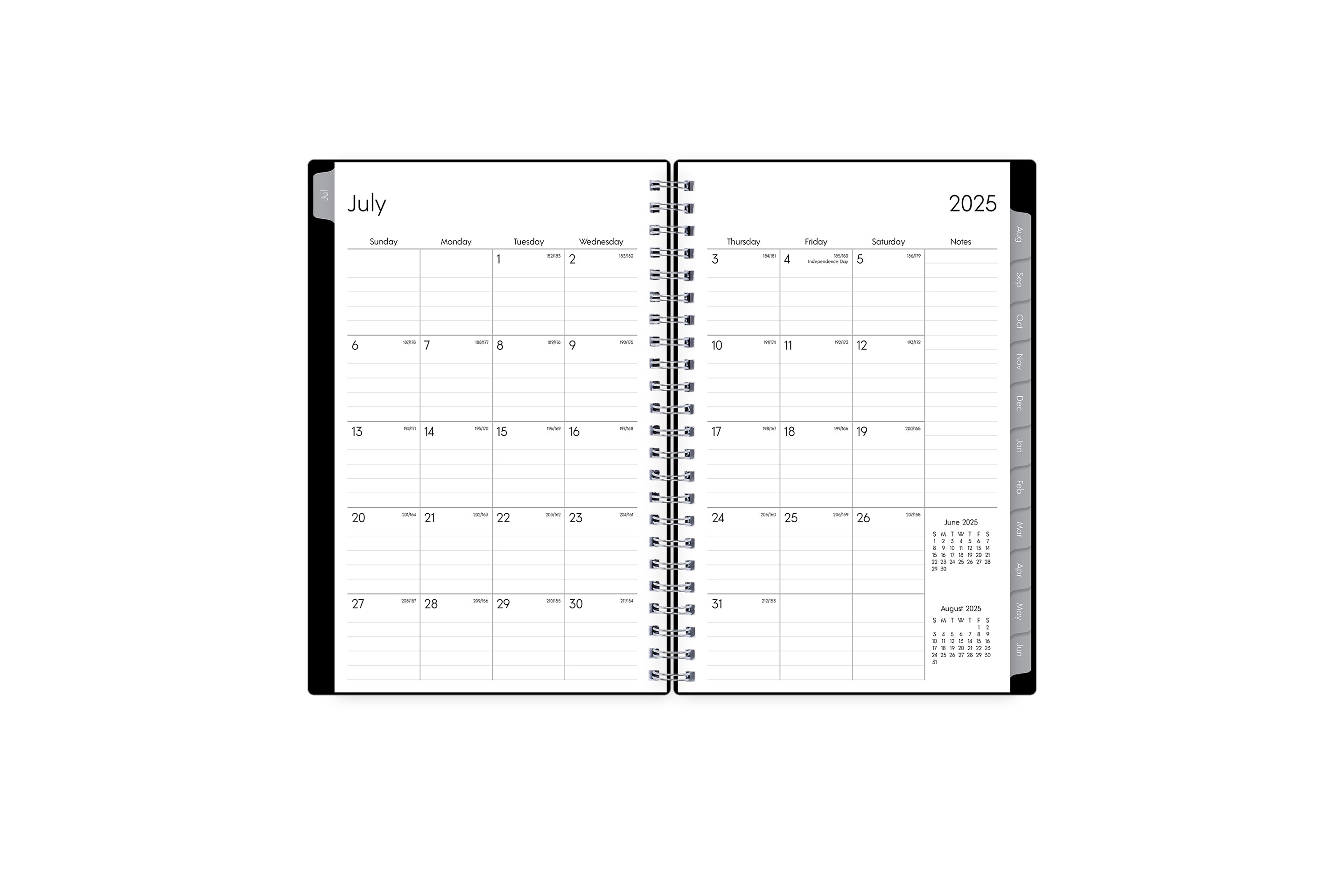 july 2025 - june 2026 weekly monthly professional planner featuring a monthly spread with ample lined writing space and gray monthly tabs, and notes section, reference calendars