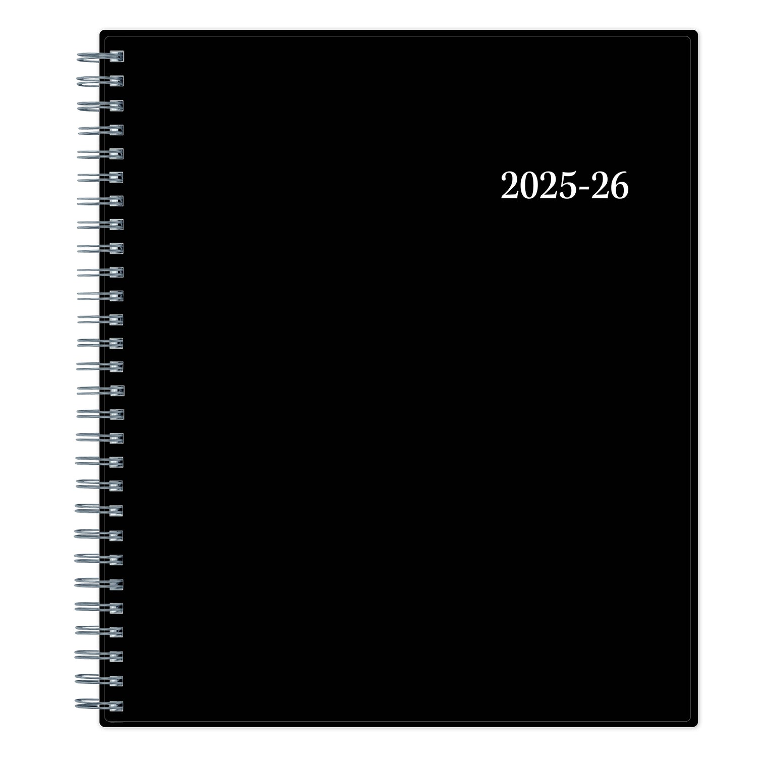 monthly academic planner featuring a solid black cover and silver twin wire-o binding 8x10 size for july 2025 - june 2026