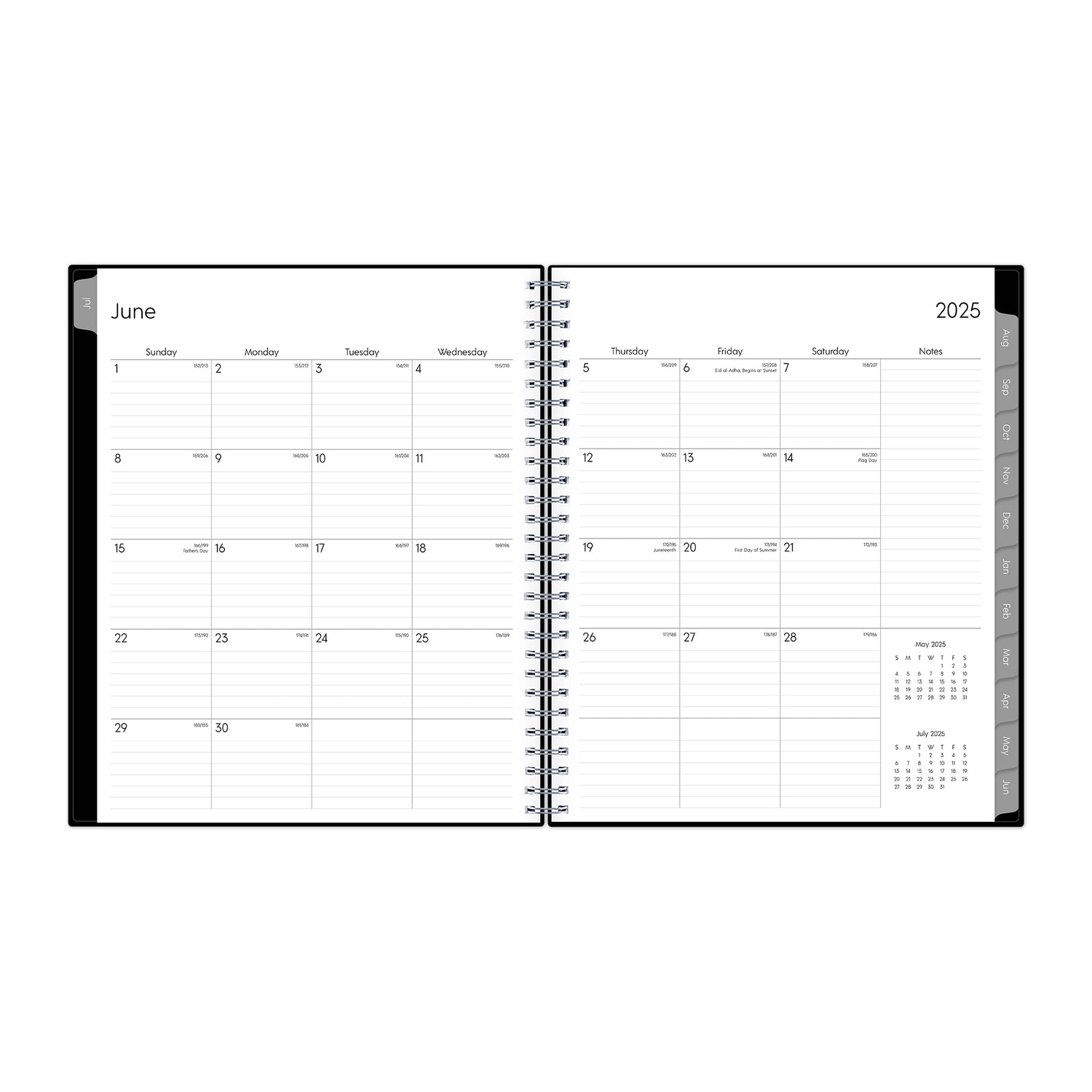  monthly planner featuring a monthly spread with lined writing space, reference calendars, notes section, and gray monthly tabs in 8x10 planner size