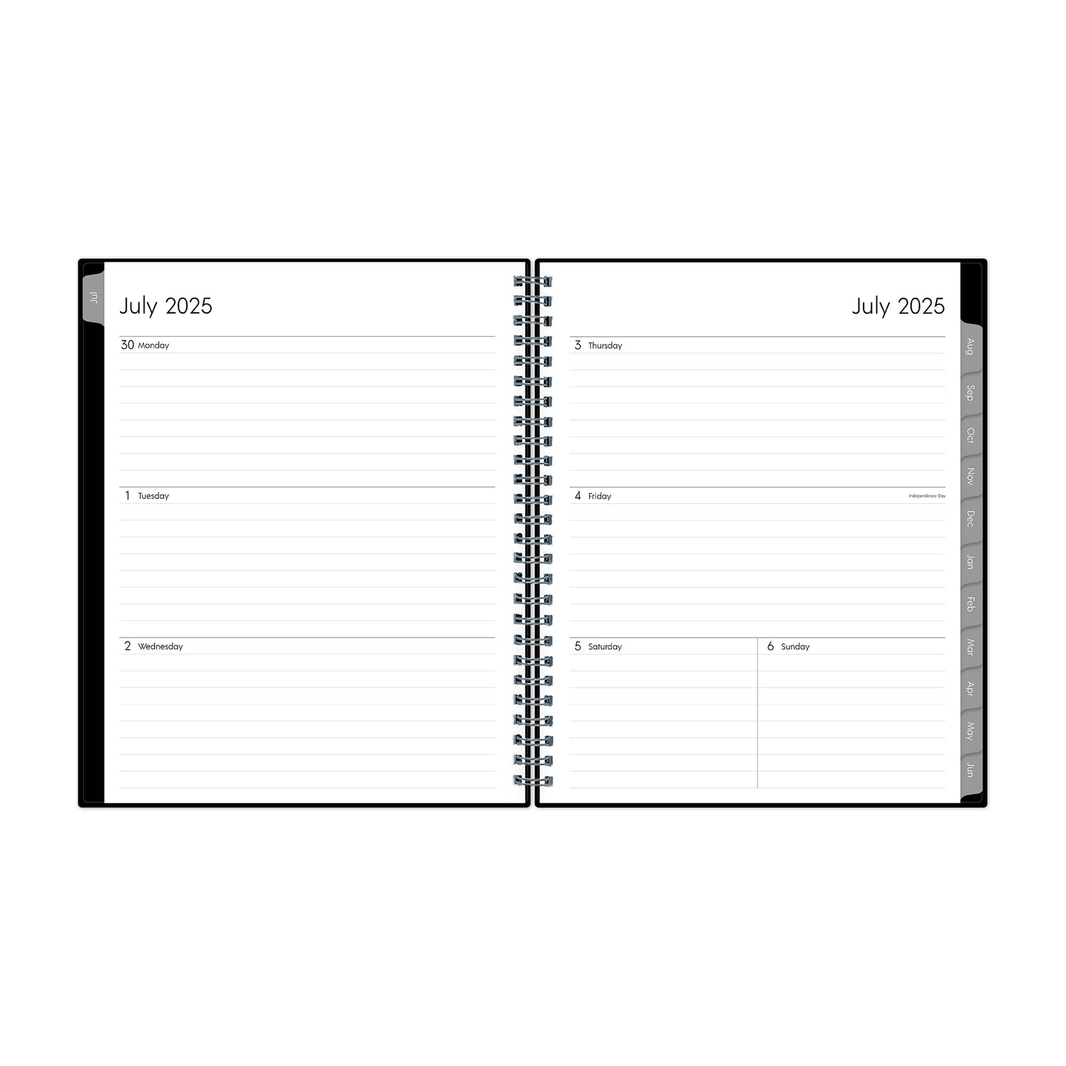 july 2025 - june 2026 weekly monthly planner featuring a weekly spread with lined writing space and gray monthly tabs