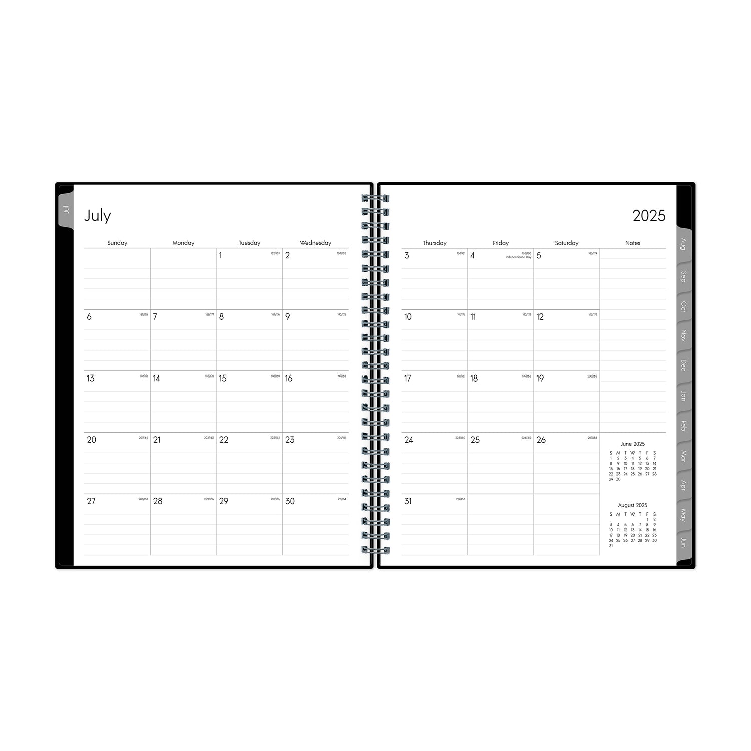 july 2025 - june 2026 weekly monthly planner featuring a monthly spread with lined writing space and gray monthly tabs