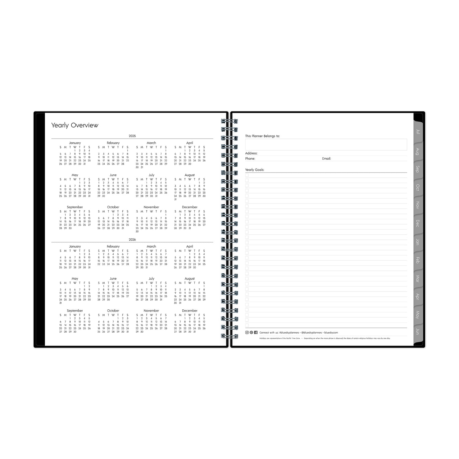 2025-2026 yearly overview with ownership information, weekly goals, and gray monthly tabs