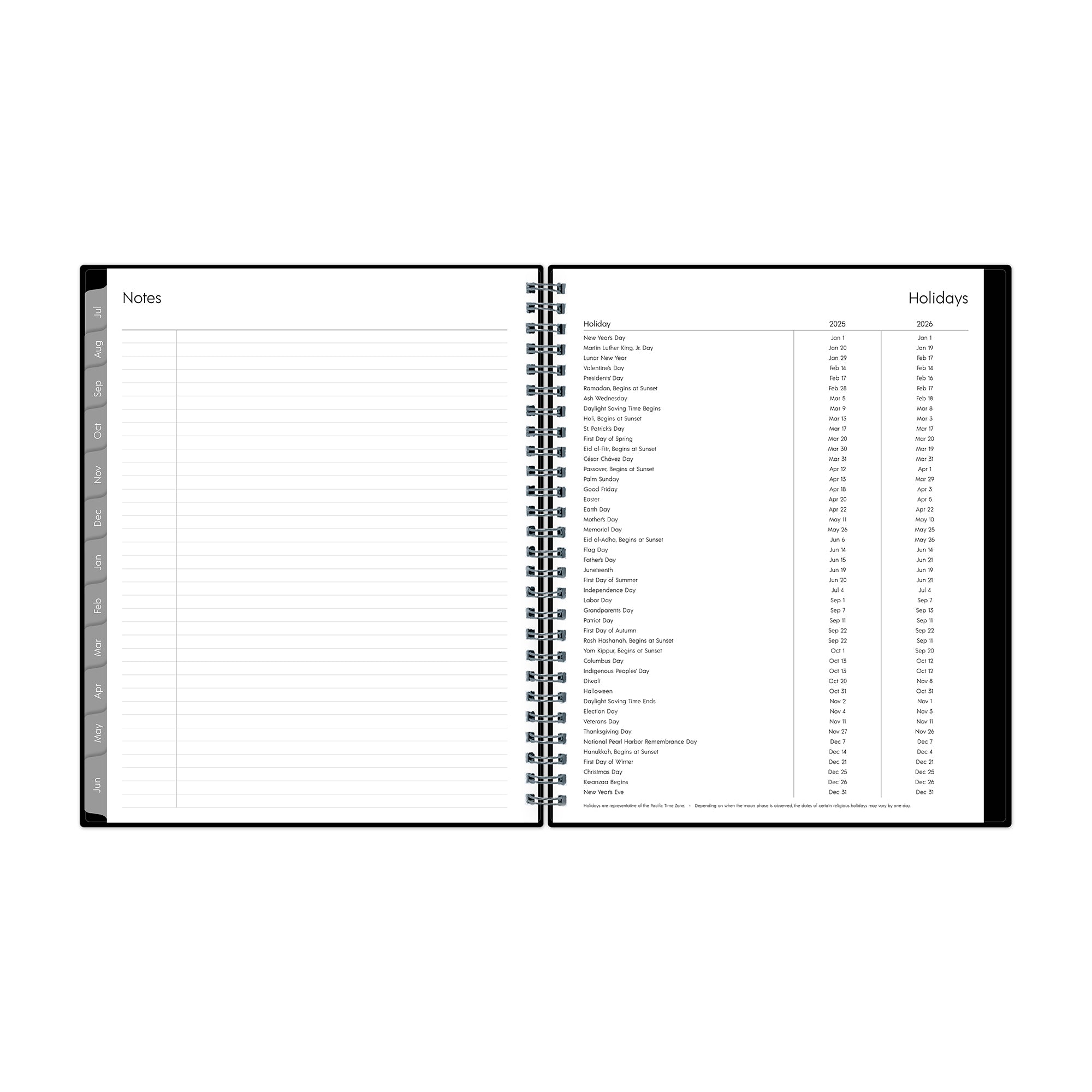 lined notes pages and holidays and gray monthly tabs