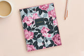 weekly monthly academic planner featuring a pink roses, shaded rose pedals, gold twin wire-o binding, and a compact 8.5x11 planner size