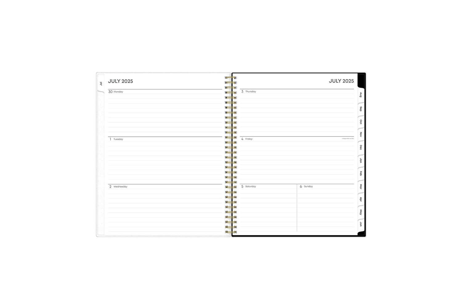 Featuring a weekly spread for this June to July weekly monthly planner are clean, lined writing space with room for notes, to-do lists, goals, projects, and white monthly tabs in 8.5x11 planner