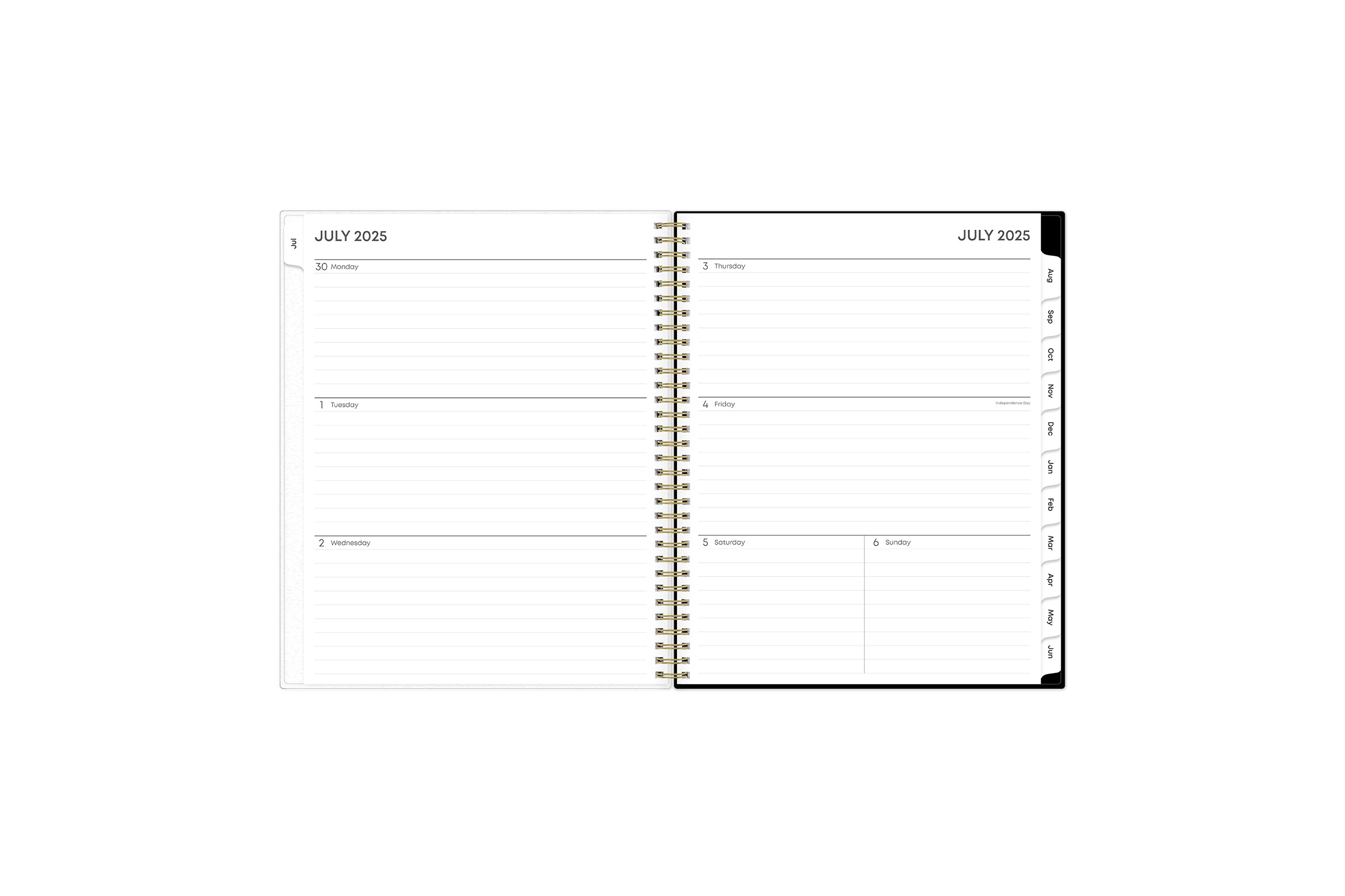 Featuring a weekly spread for this June to July weekly monthly planner are clean, lined writing space with room for notes, to-do lists, goals, projects, and white monthly tabs in 8.5x11 planner