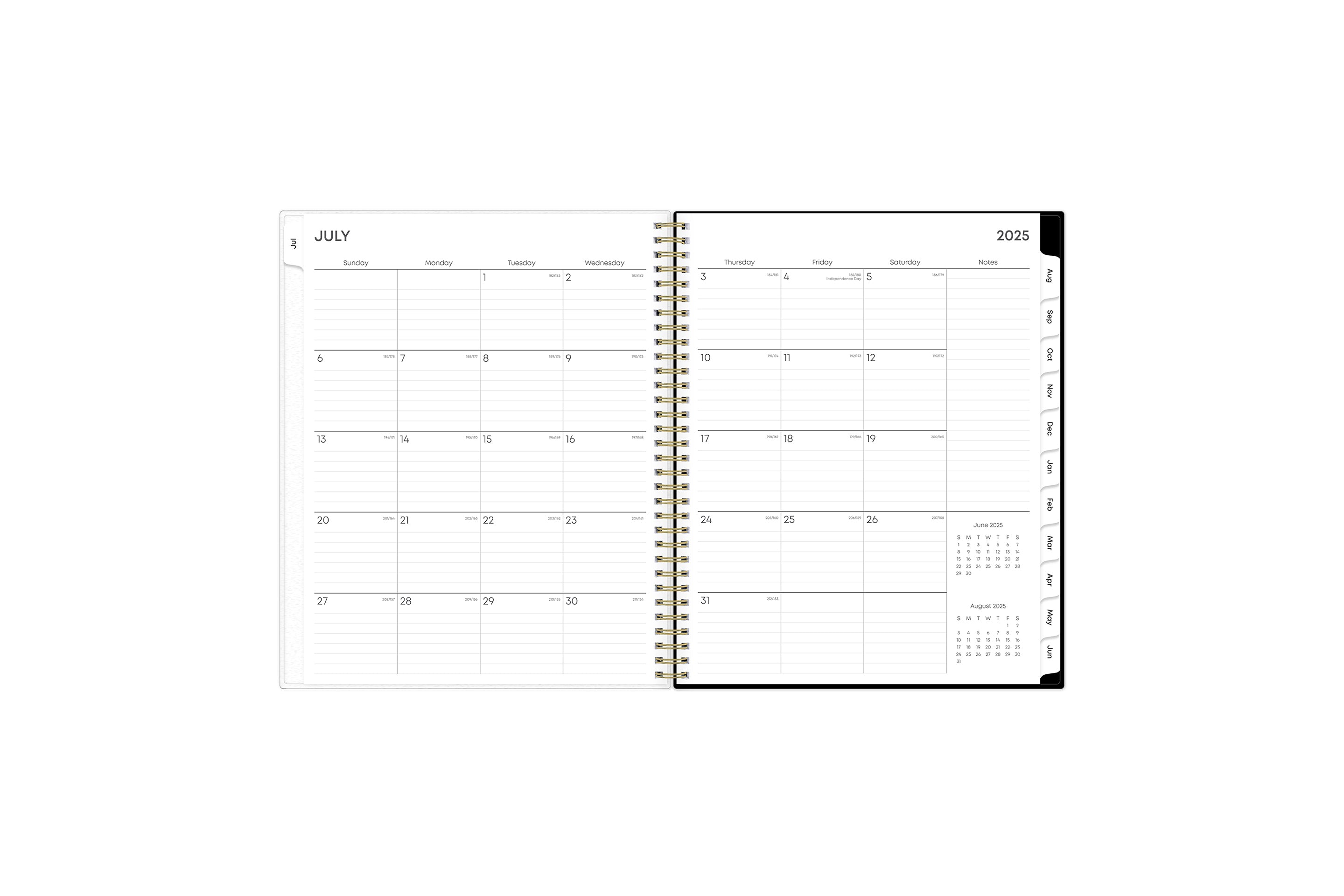 Featuring a monthly spread for this July - June weekly monthly planner are ample lined writing space, notes section, reference calendars, and white monthly tabs in 8.5x11 planner size