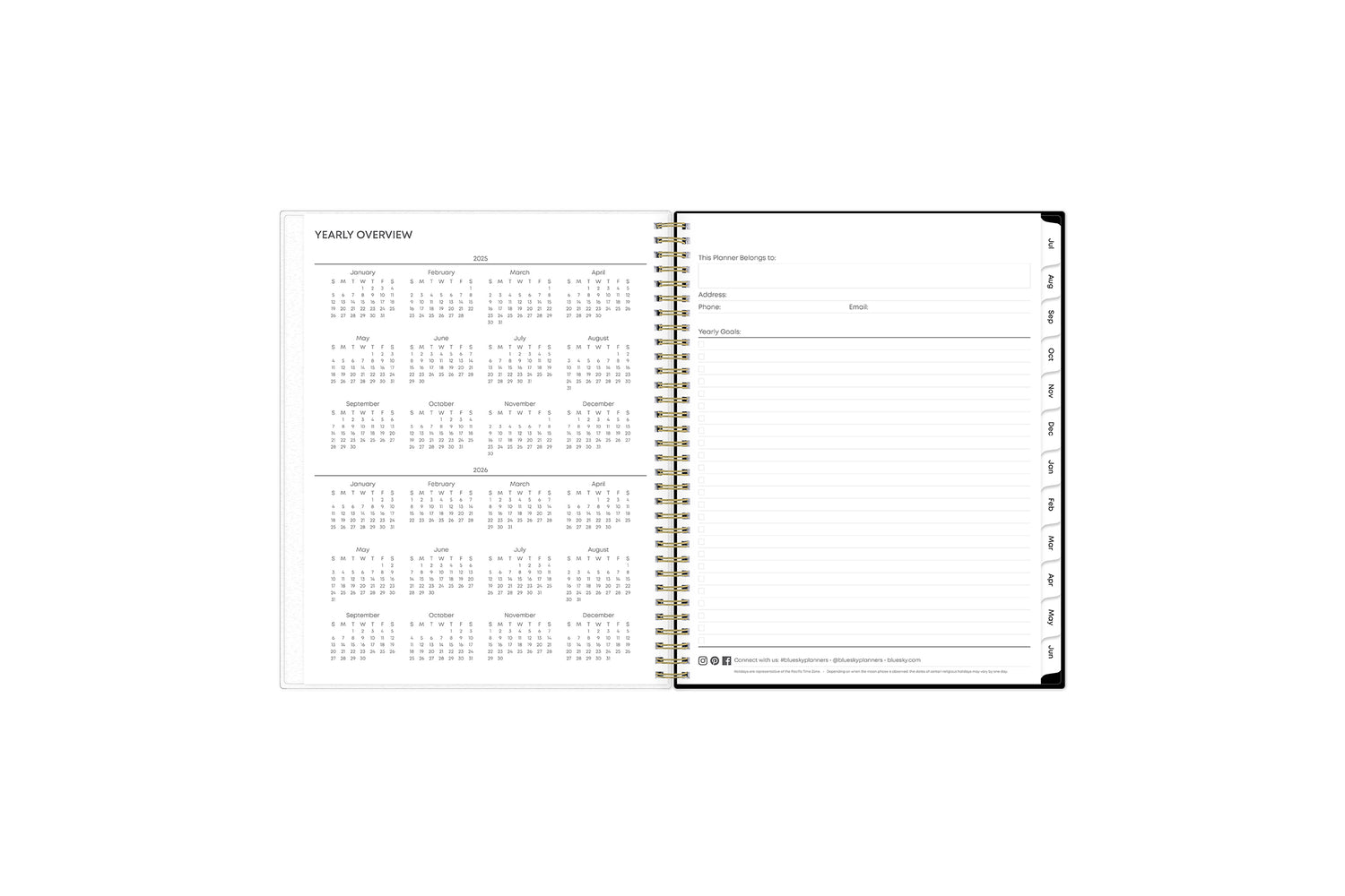 2025 and 2026 yearly overview with owner information and yearly goals, white monthly tabs