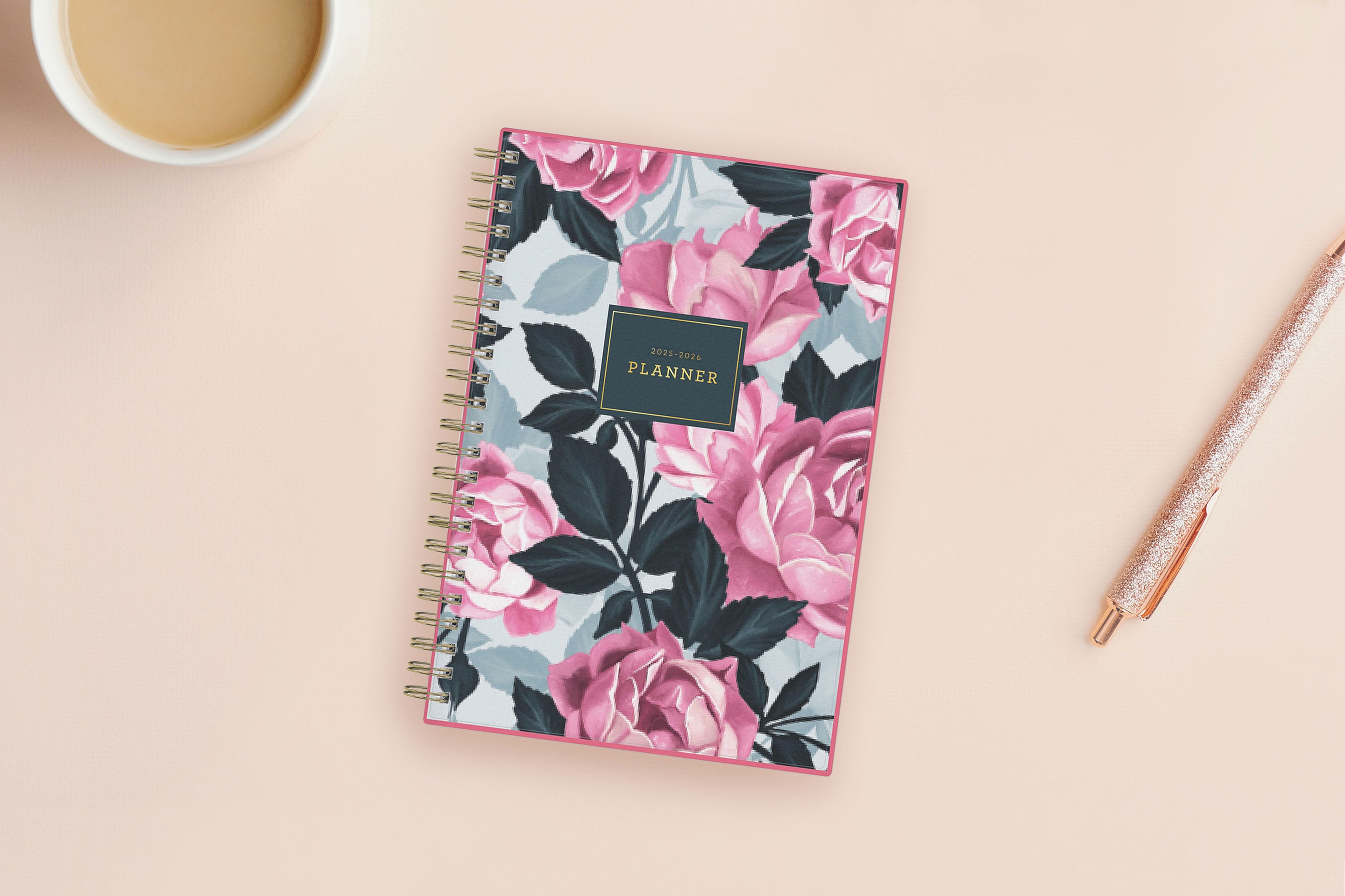 weekly monthly academic planner featuring a pink roses, shaded rose pedals, gold twin wire-o binding, and a compact 5x8 planner size