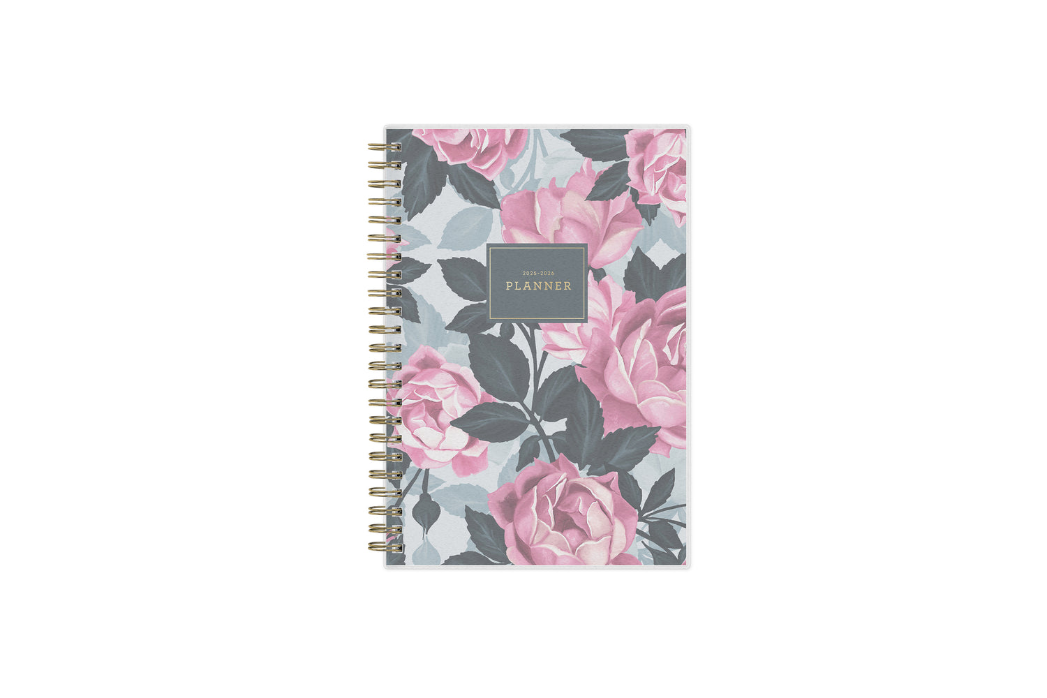 weekly monthly academic planner featuring a pink roses, shaded rose pedals, gold twin wire-o binding, and a compact 5x8 planner size